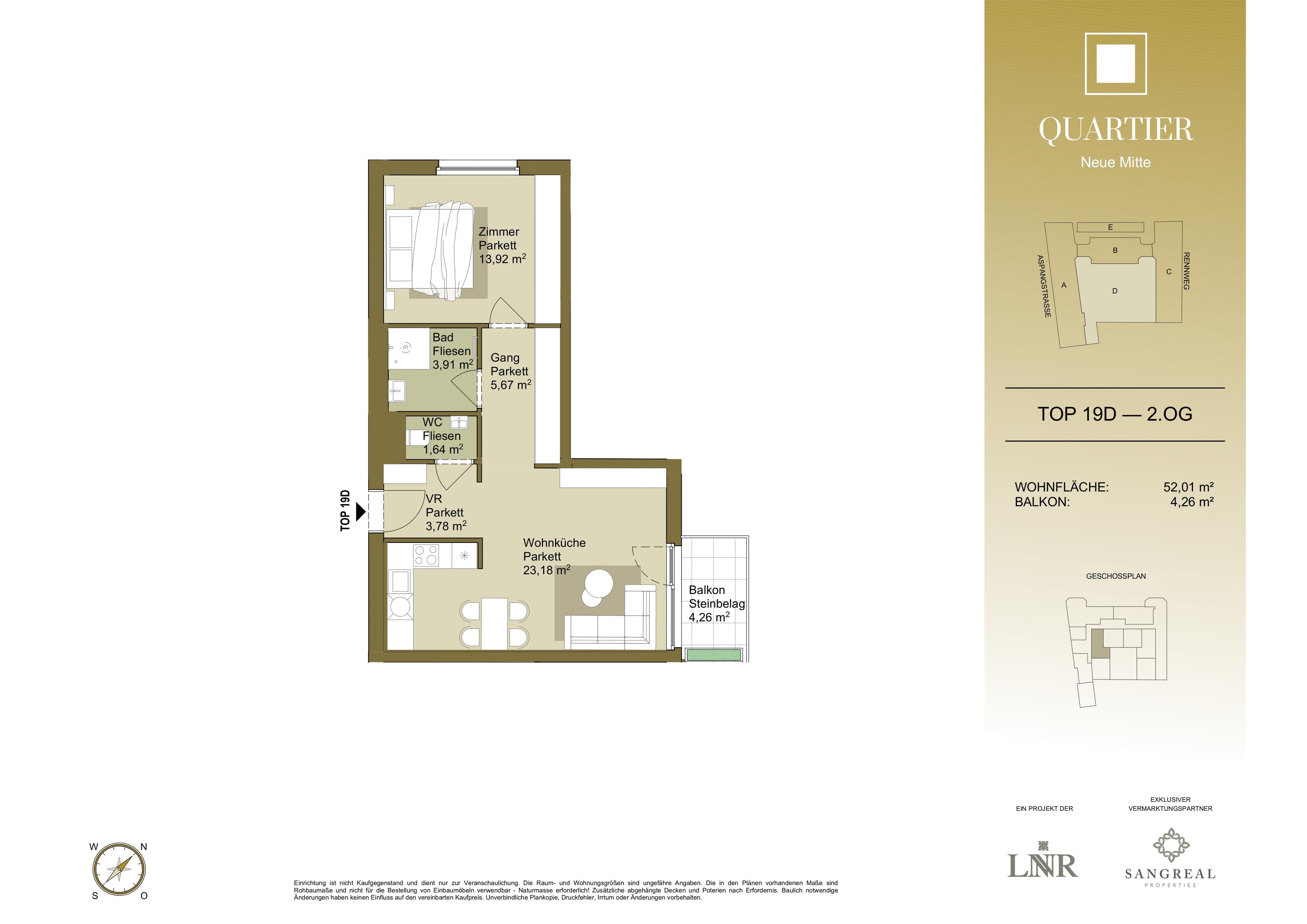 Grundriss Top 19D — Quartier Neue Mitte — 2 Zimmer — 52 m² — 2nd floor
