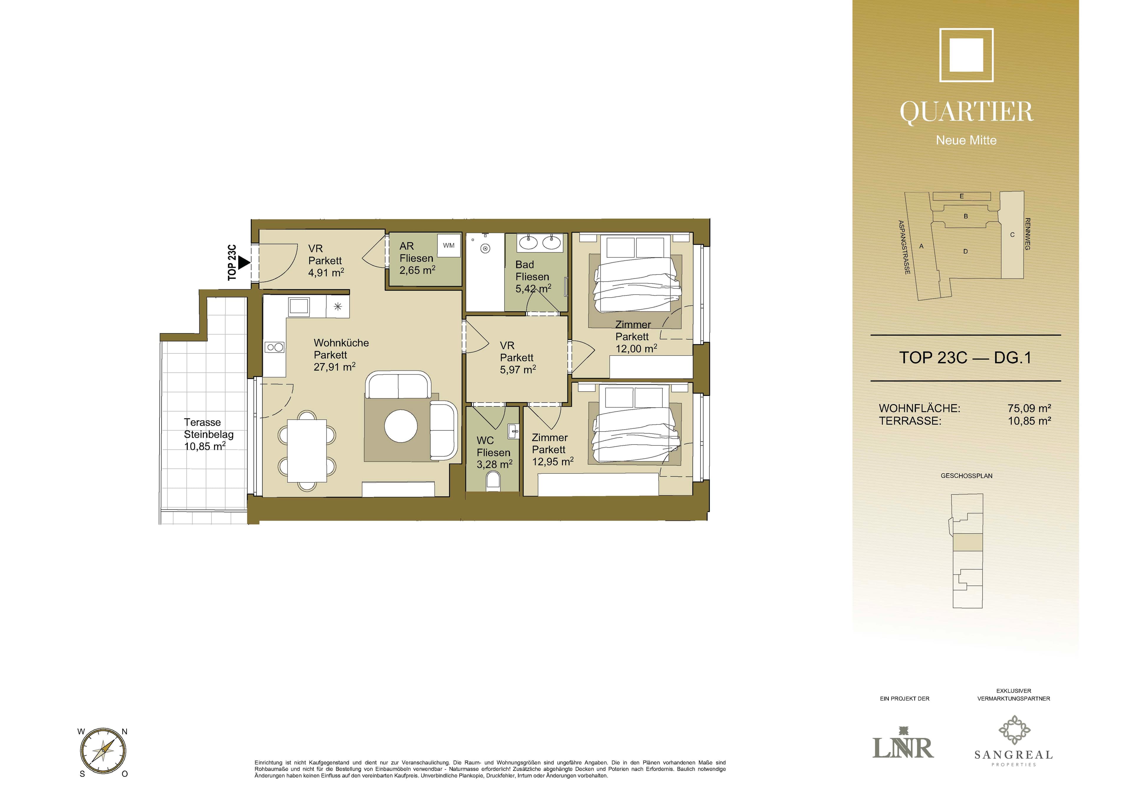 Grundriss Top 23C — Quartier Neue Mitte — 3 Zimmer — 75,1 m² — 1st attic floor