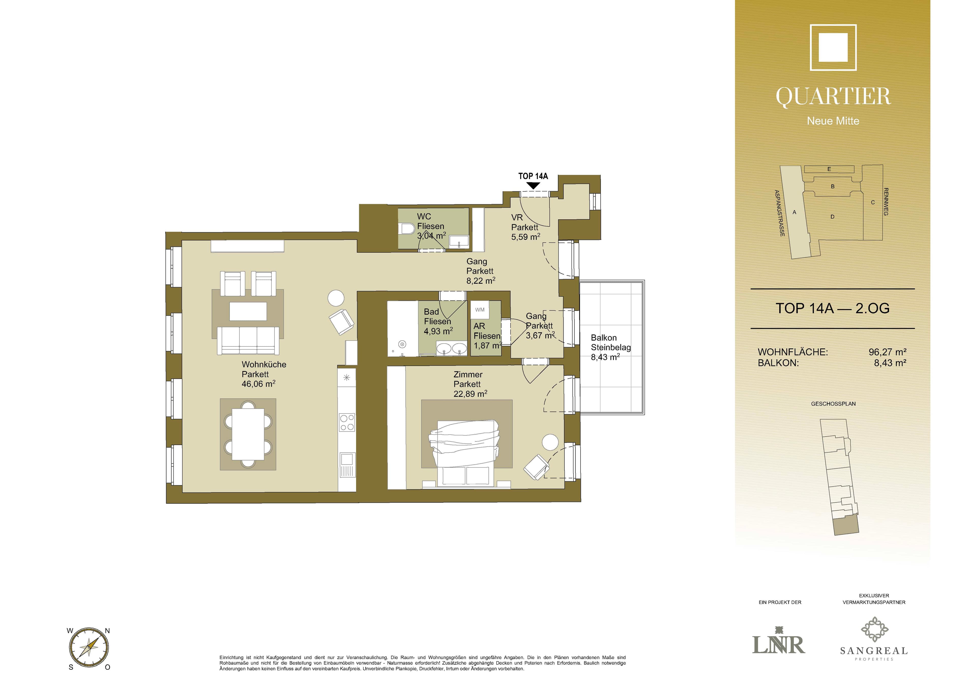 Grundriss Top 14A — Quartier Neue Mitte — 2 Zimmer — 95,3 m² — 2nd floor