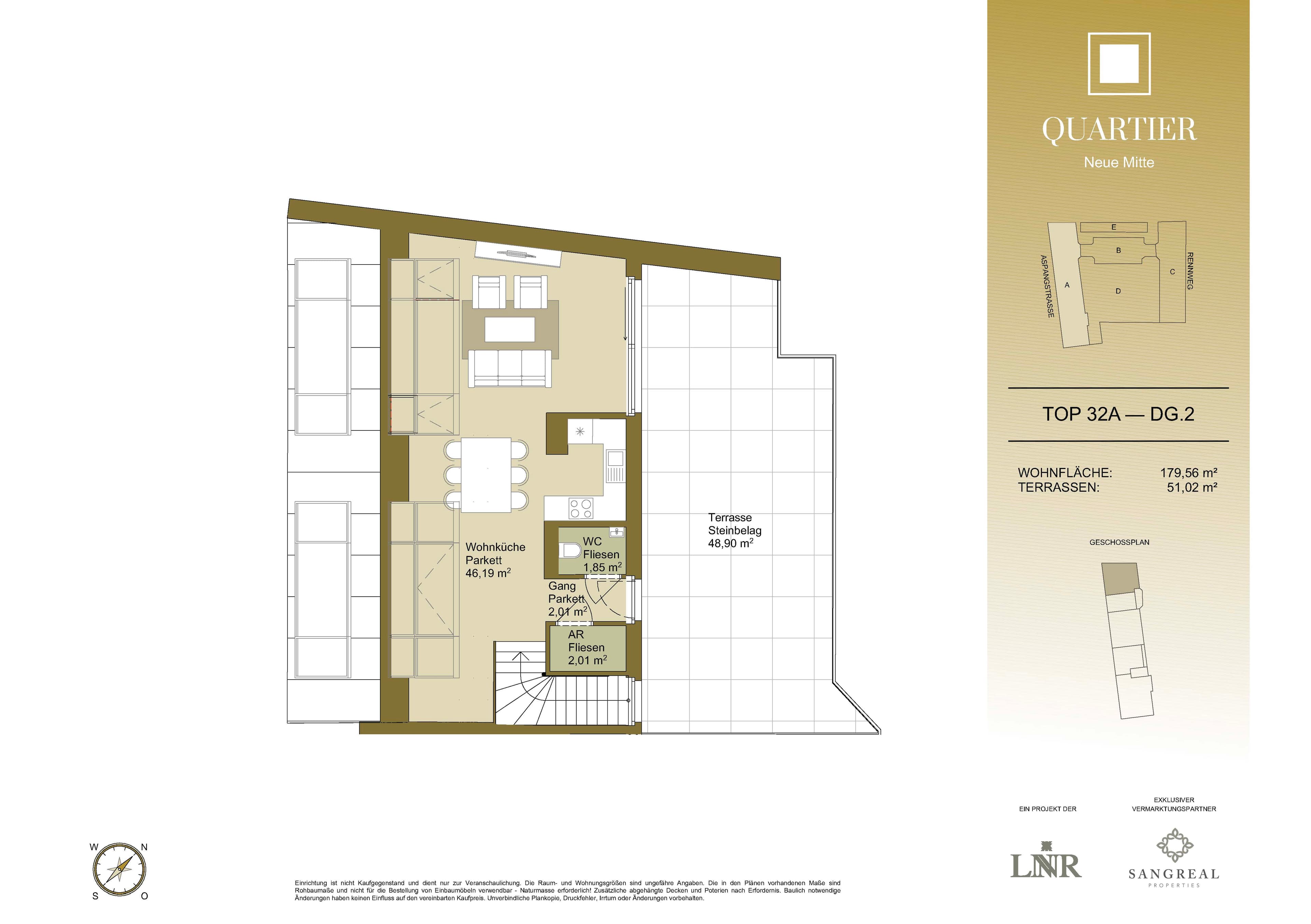 Grundriss Top 32A — Quartier Neue Mitte — 4 Zimmer — 179,6 m² — 1st attic floor / 2nd attic floor — Grundriss 2/2