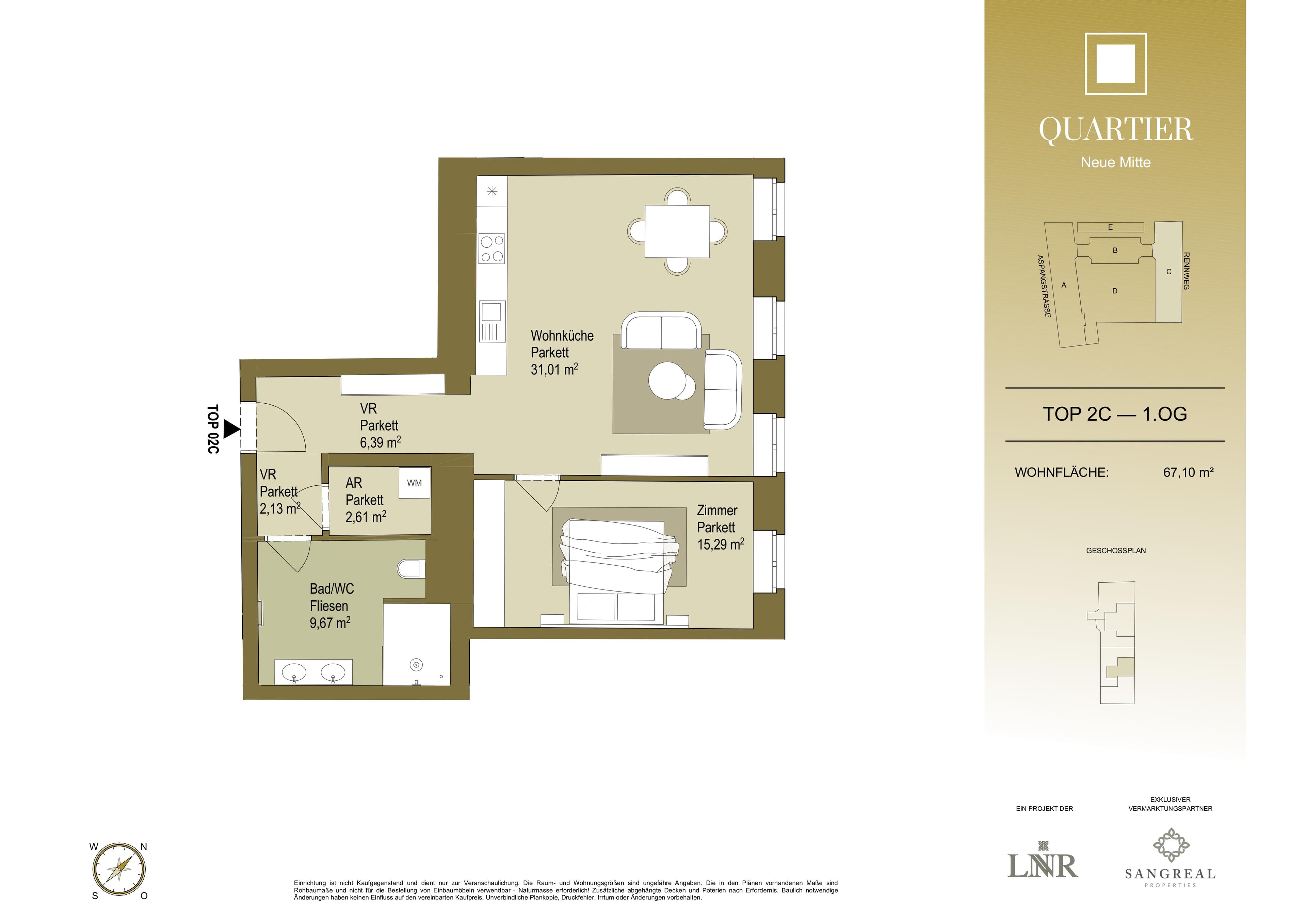 Grundriss Top 2C — Quartier Neue Mitte — 2 Zimmer — 67,1 m² — 1st floor