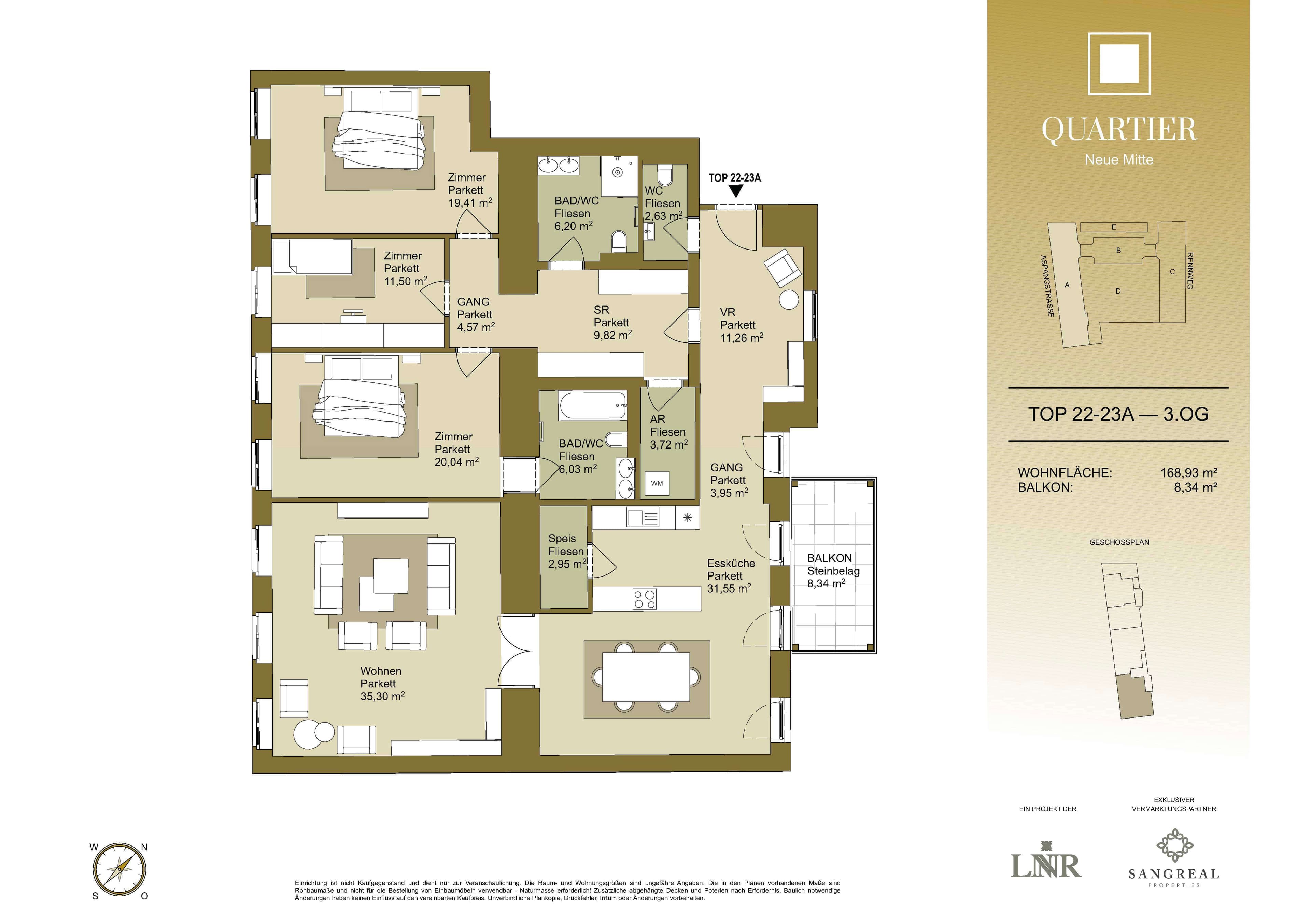 Grundriss Top 22+23A — Quartier Neue Mitte — 3 Zimmer — 168,9 m² — 3rd floor