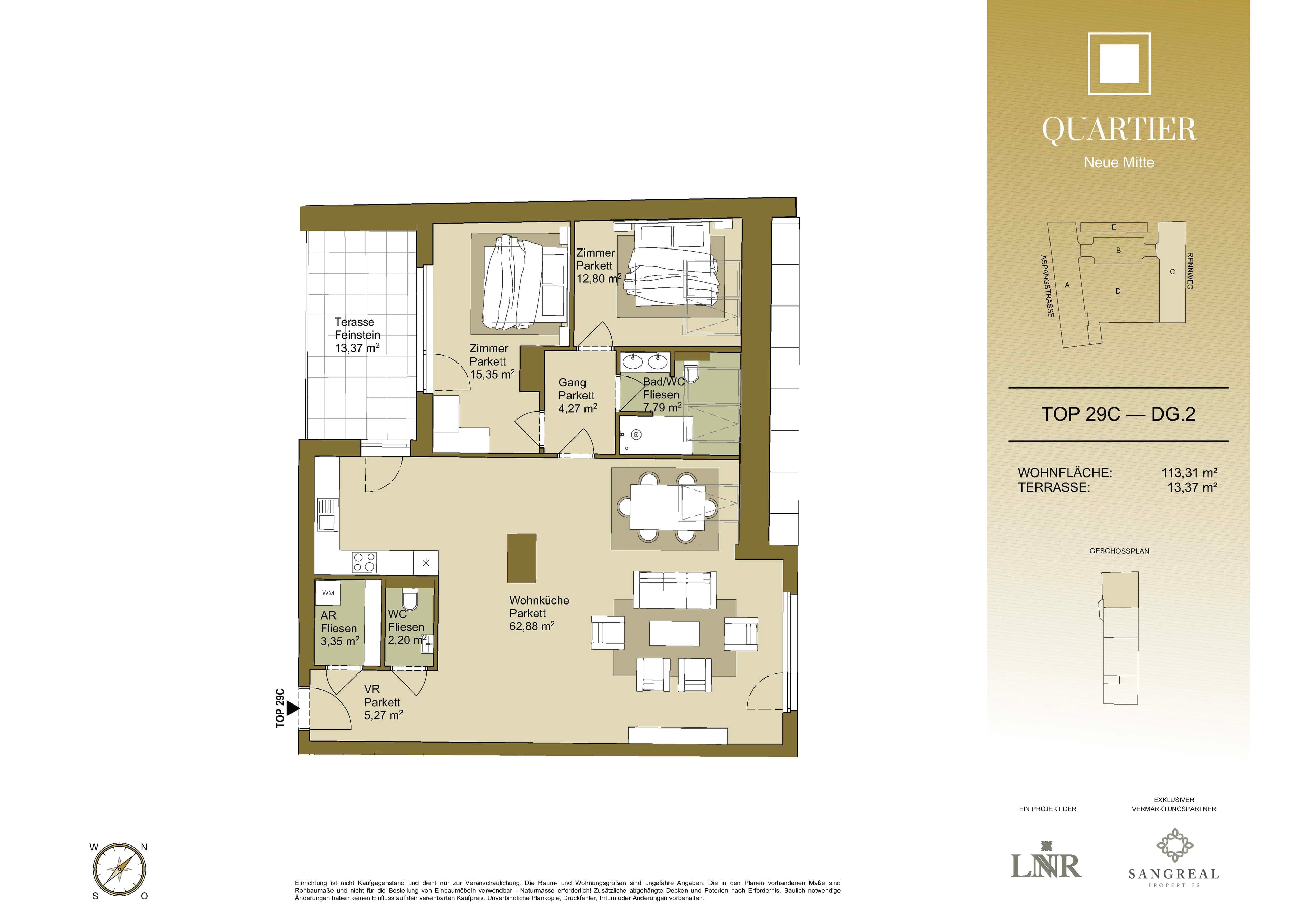 Grundriss Top 29C — Quartier Neue Mitte — 3 Zimmer — 113,3 m² — 2nd attic floor