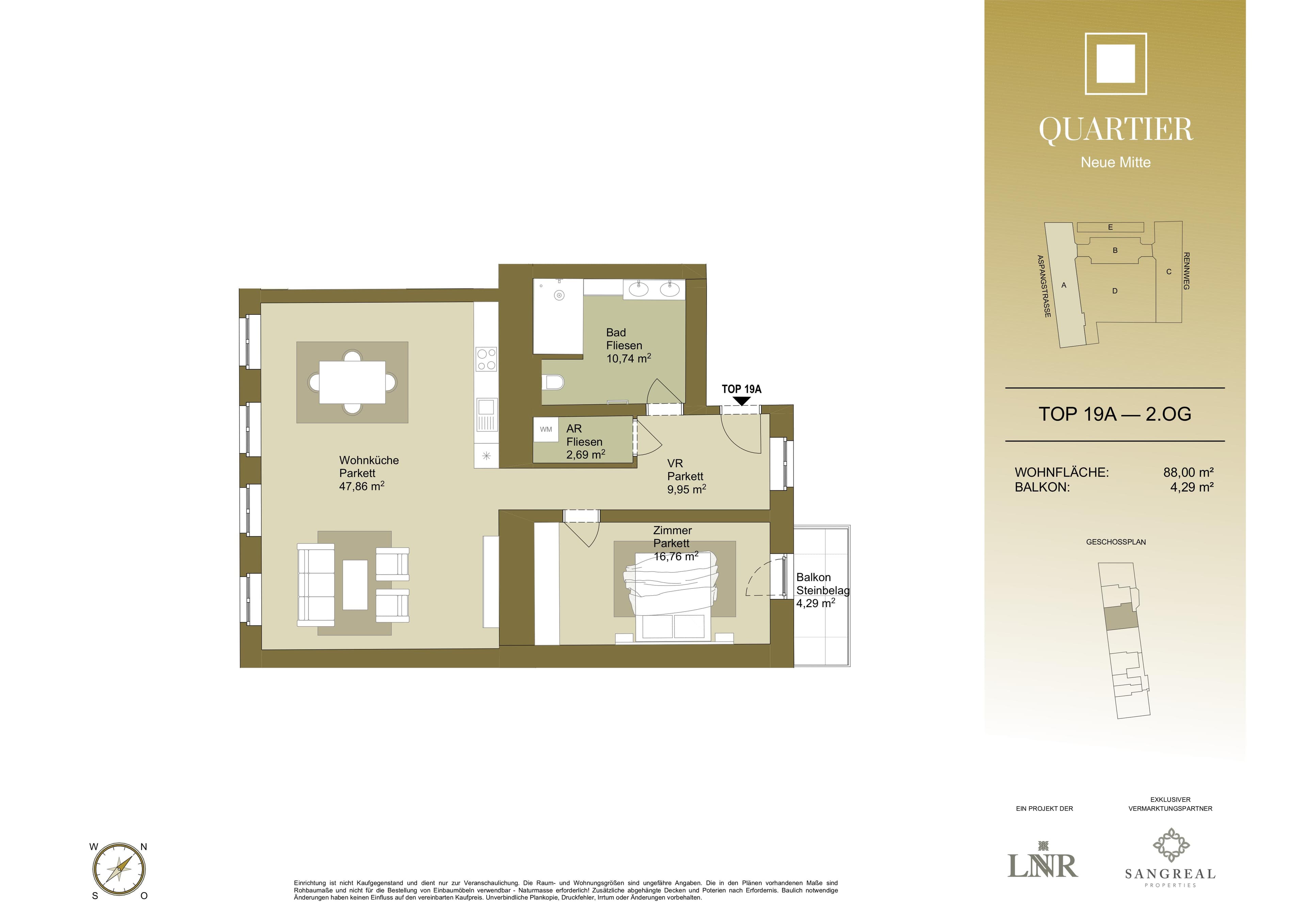 Grundriss Top 19A — Quartier Neue Mitte — 2 Zimmer — 88 m² — 2nd floor