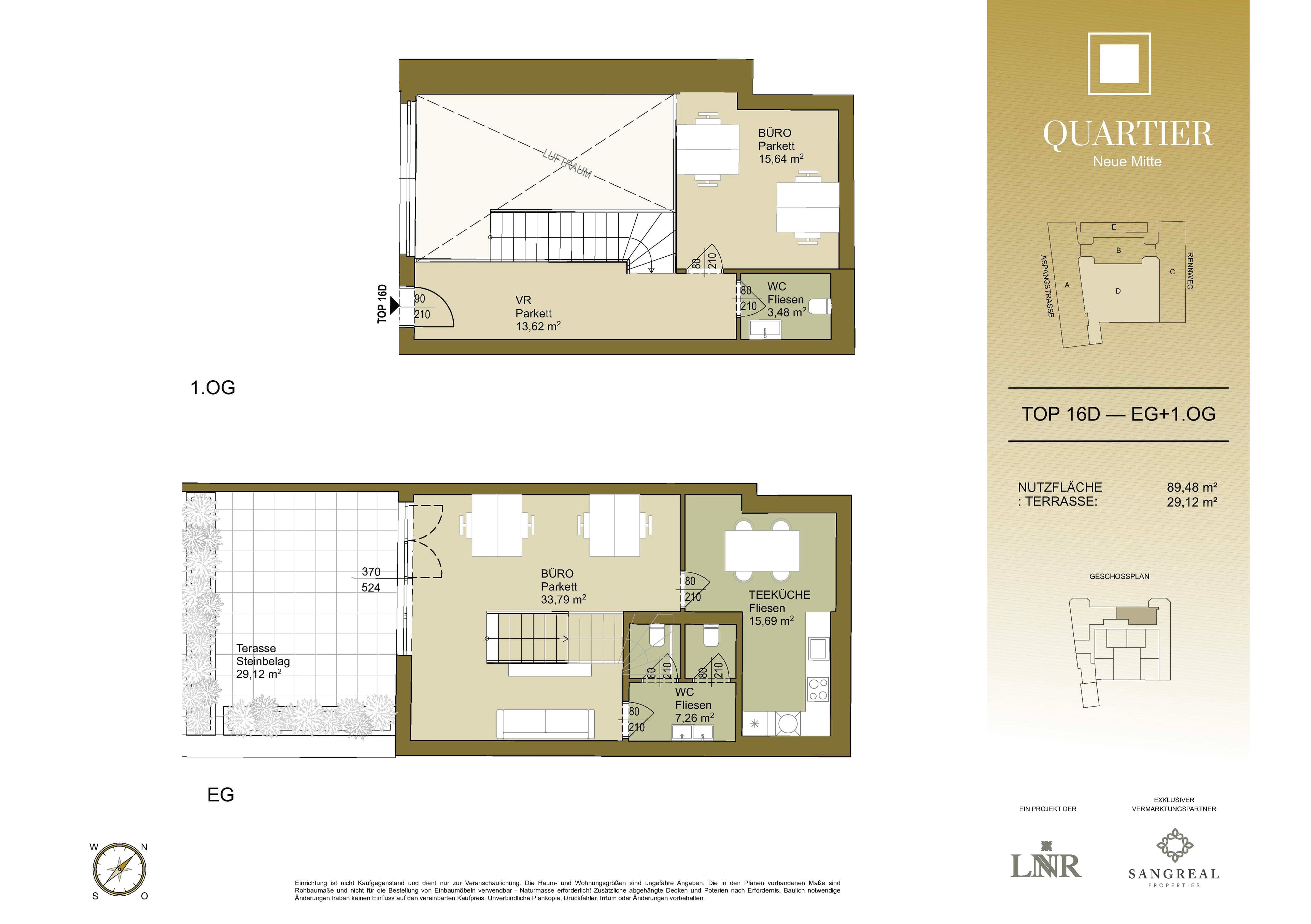 Grundriss Top 16D — Quartier Neue Mitte — 1 Zimmer — 89,9 m² — Atelier — Grundriss 2/3