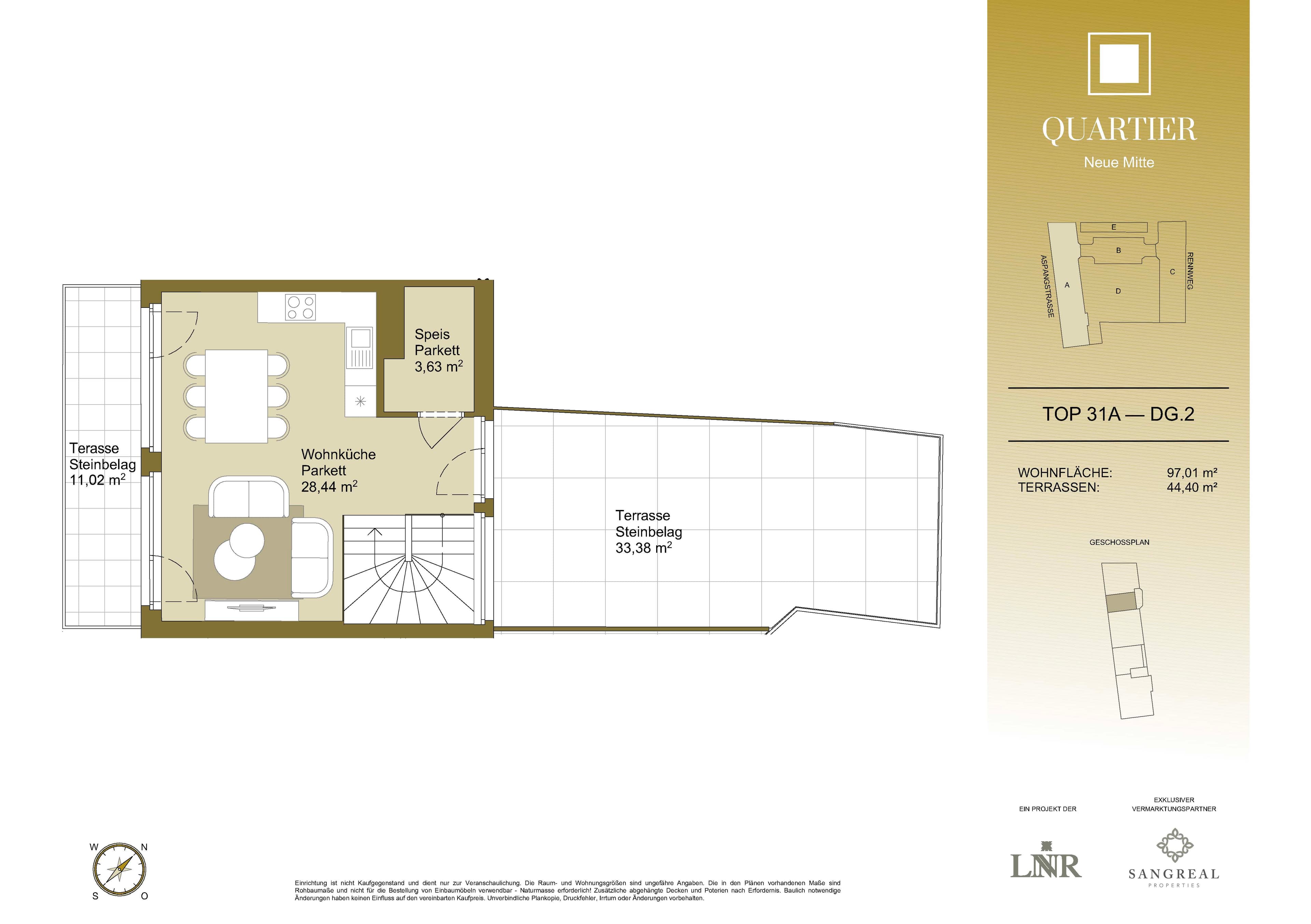 Grundriss Top 31A — Quartier Neue Mitte — 3 Zimmer — 97 m² — 1st attic floor / 2nd attic floor — Grundriss 2/2