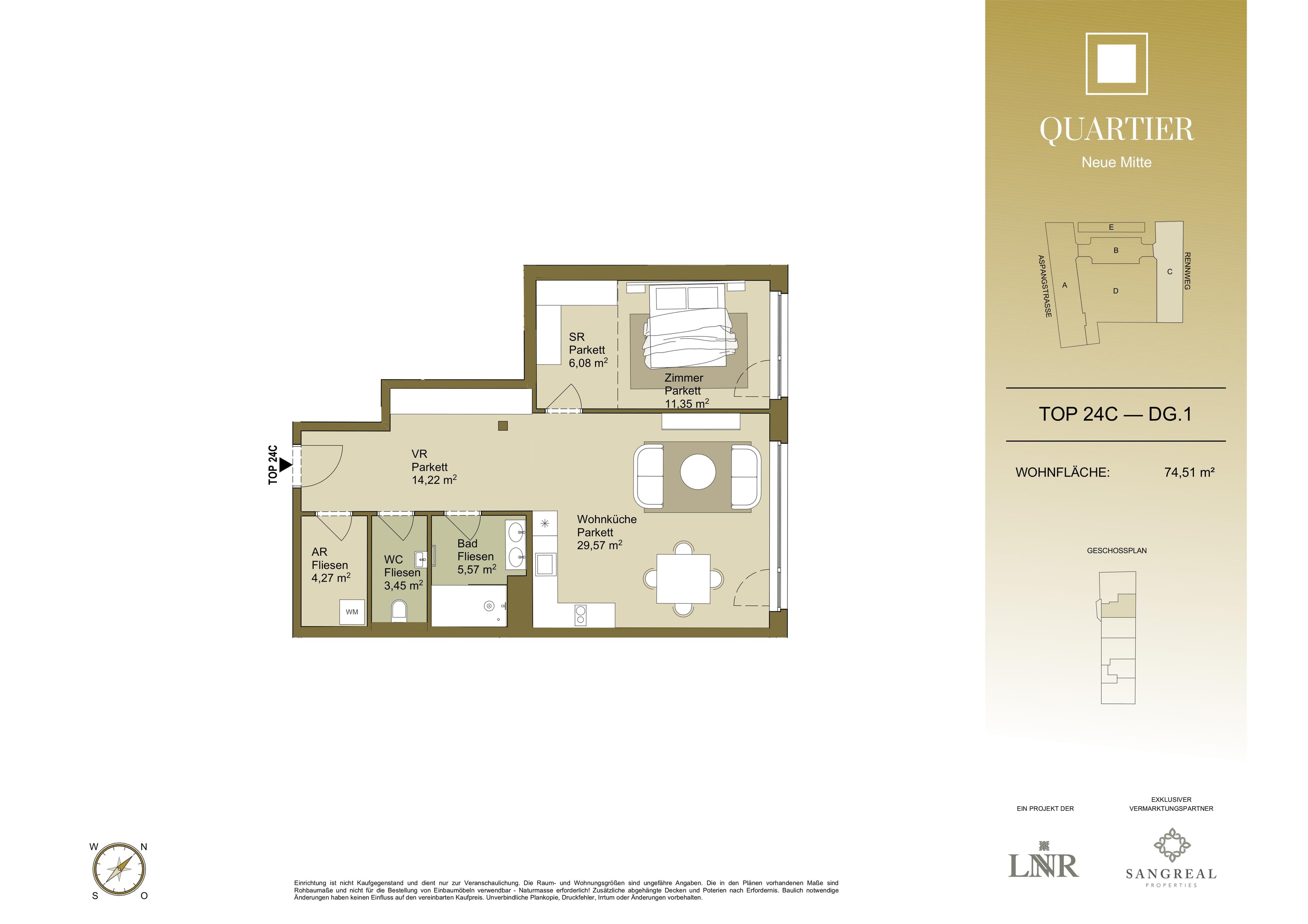 Grundriss Top 24C — Quartier Neue Mitte — 2 Zimmer — 74,5 m² — 1st attic floor