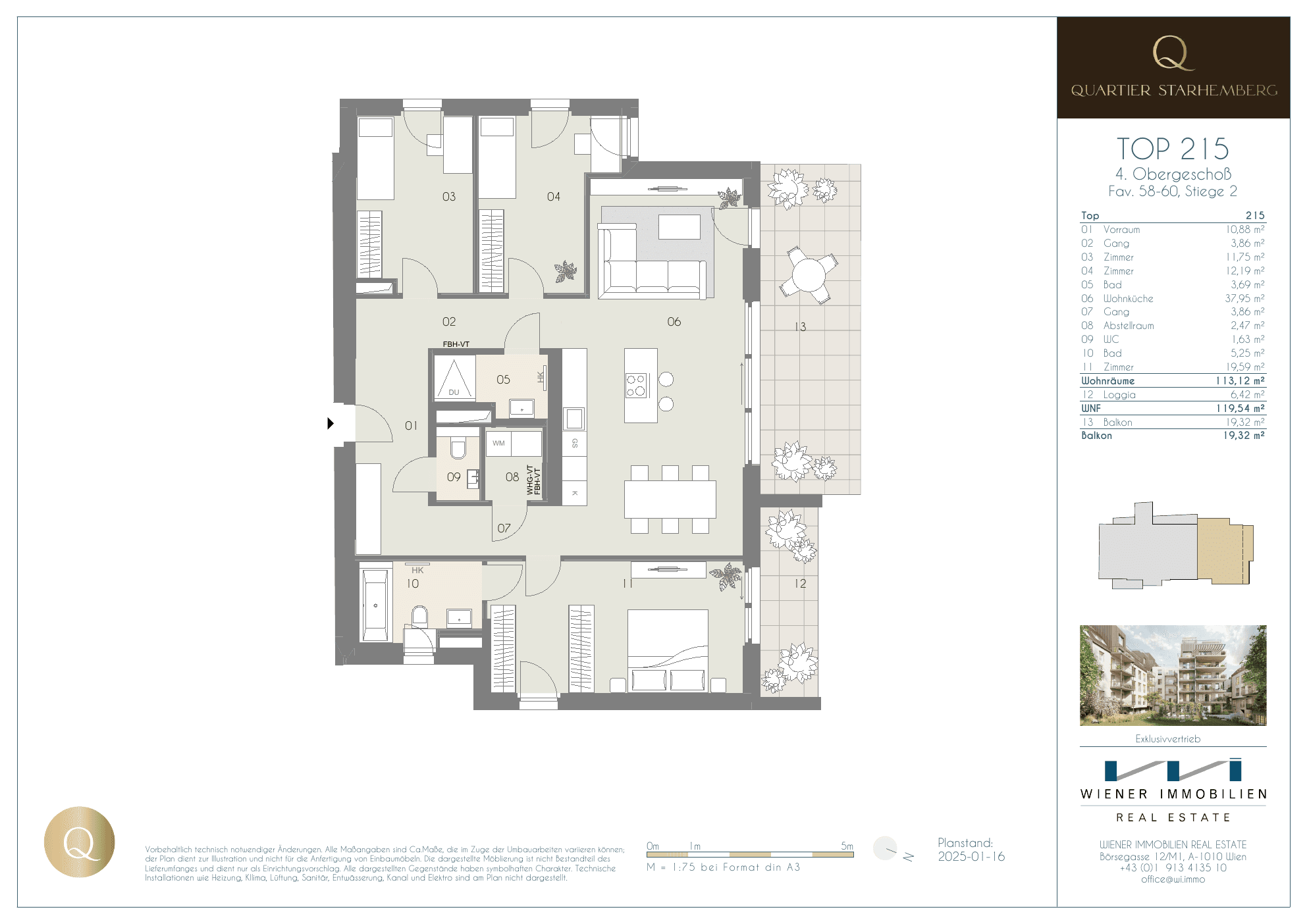 Grundriss Top 215 — Quartier Starhemberg — 4 Zimmer — 113,1 m² — 4th floor