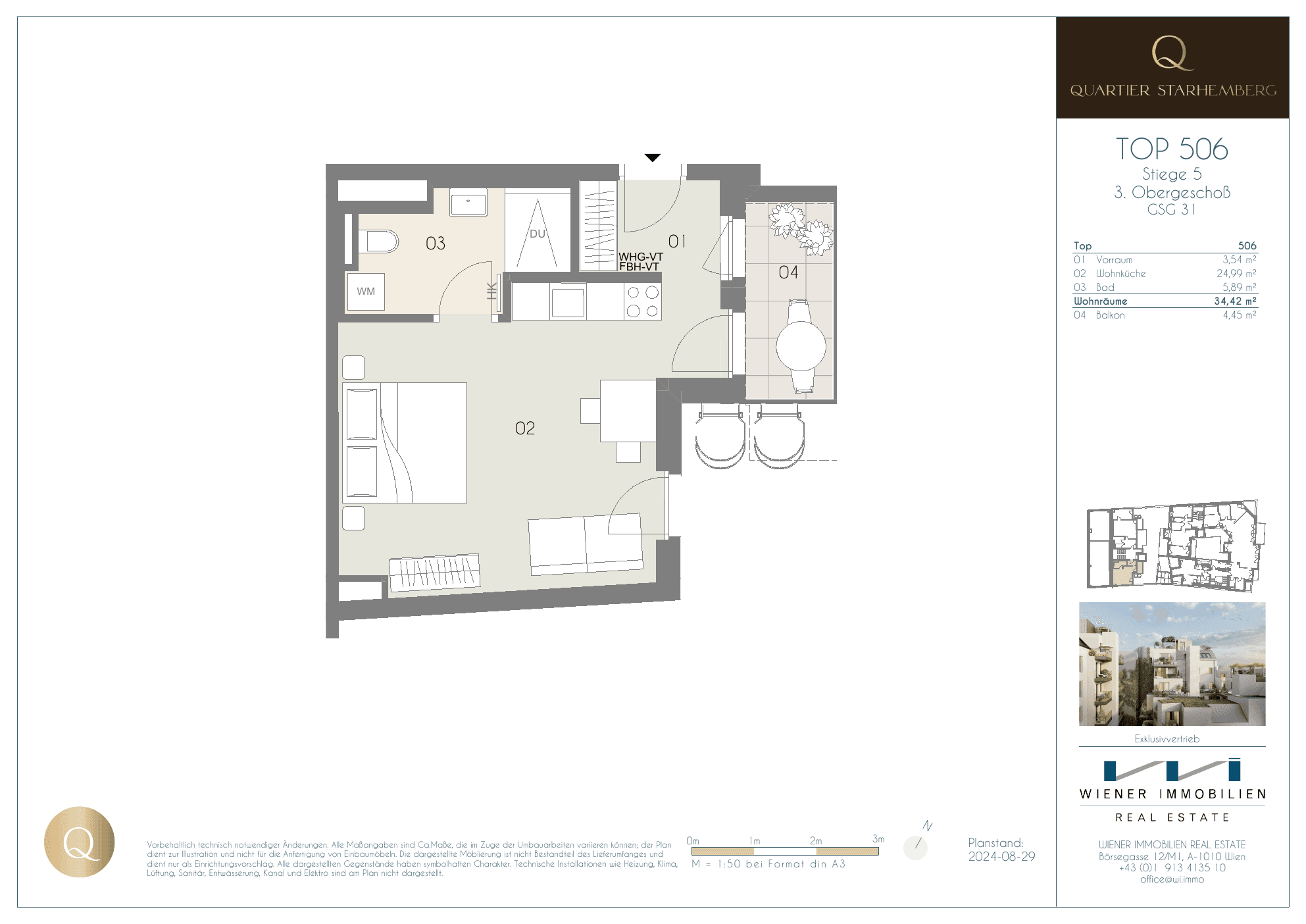 Grundriss Top 506 — Quartier Starhemberg — 1 Zimmer — 34,4 m² — 3rd floor