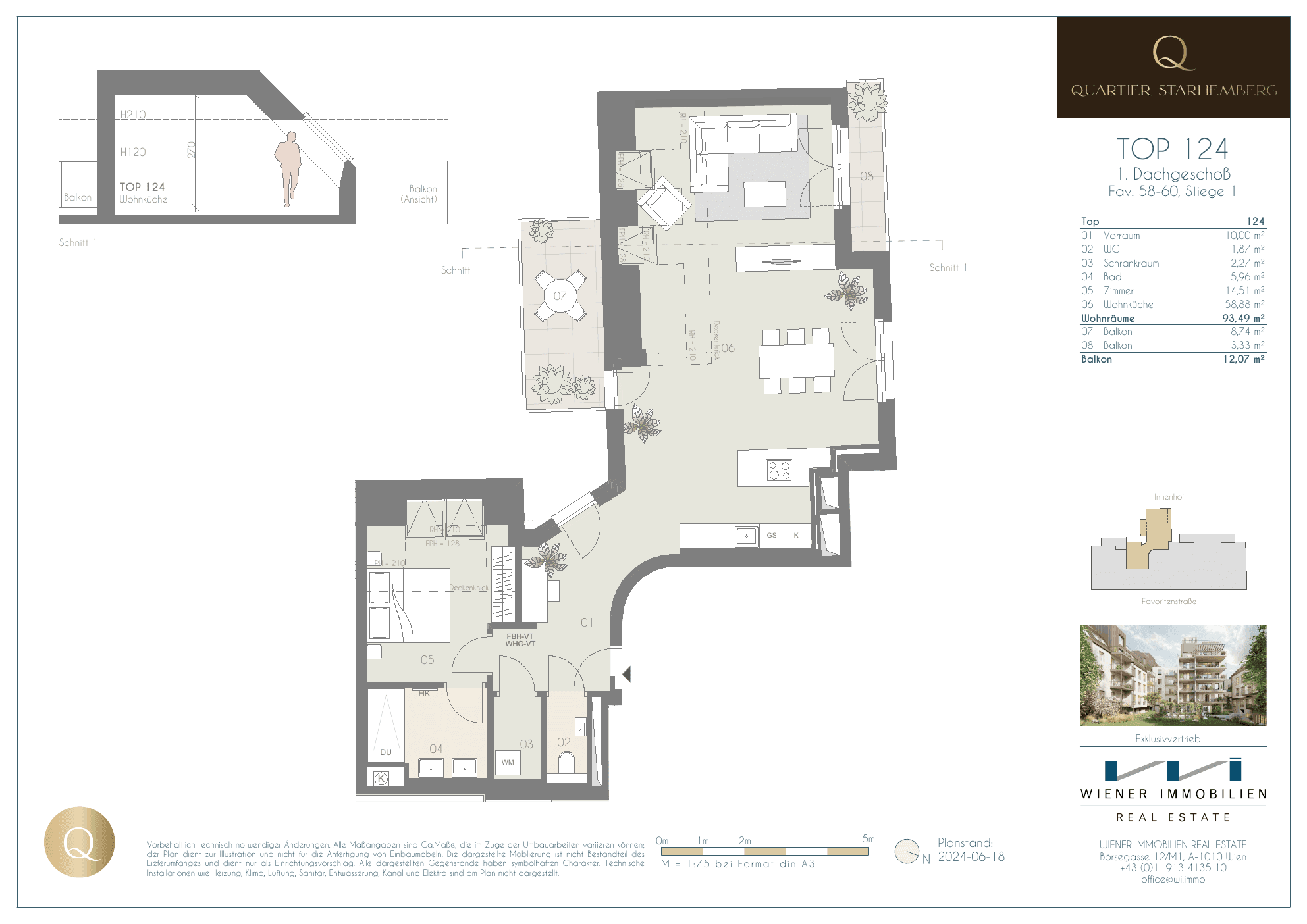 Grundriss Top 124 — Quartier Starhemberg — 2 Zimmer — 94,5 m² — 1st attic floor