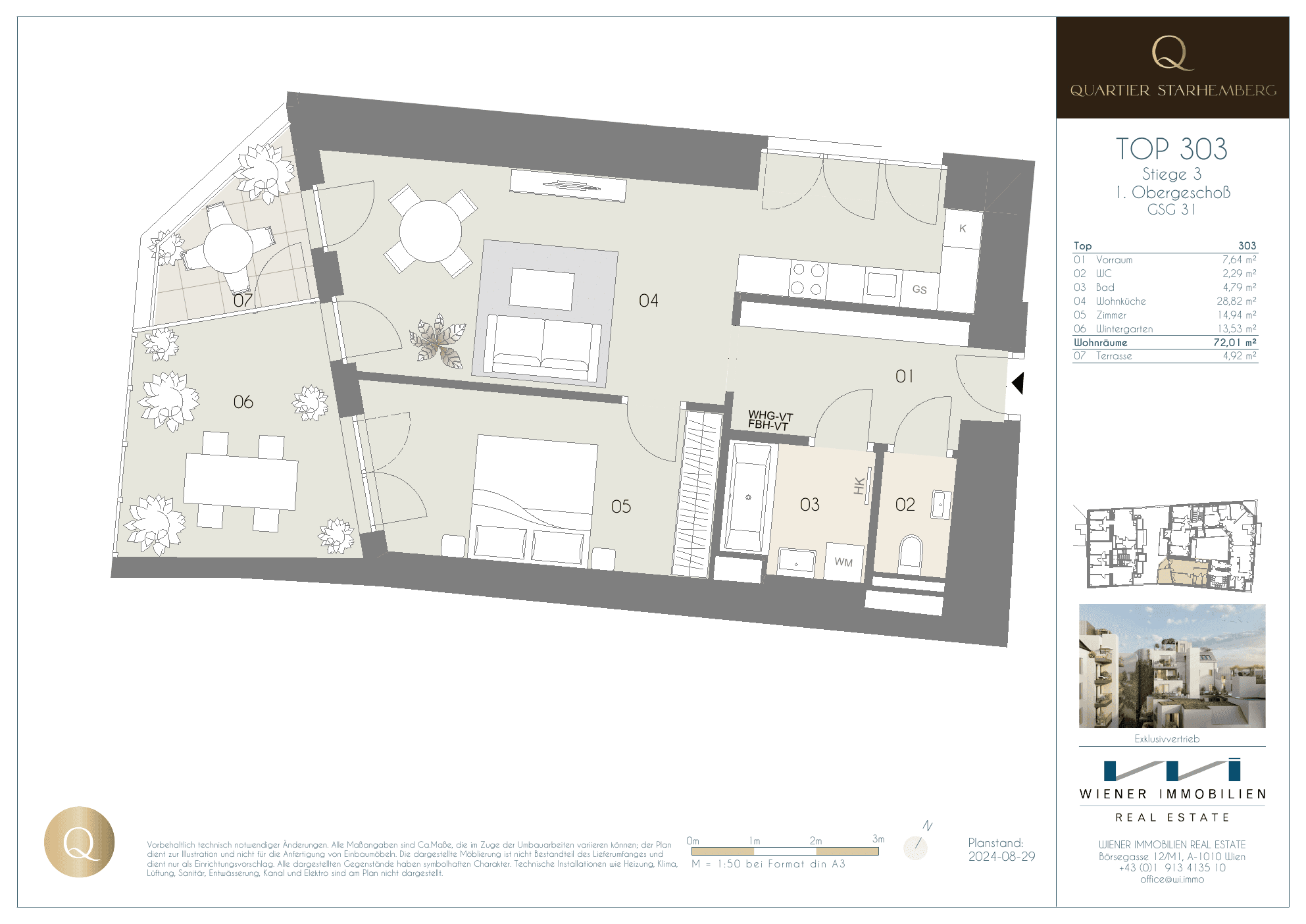 Grundriss Top 303 — Quartier Starhemberg — 3 Zimmer — 72 m² — 1st floor