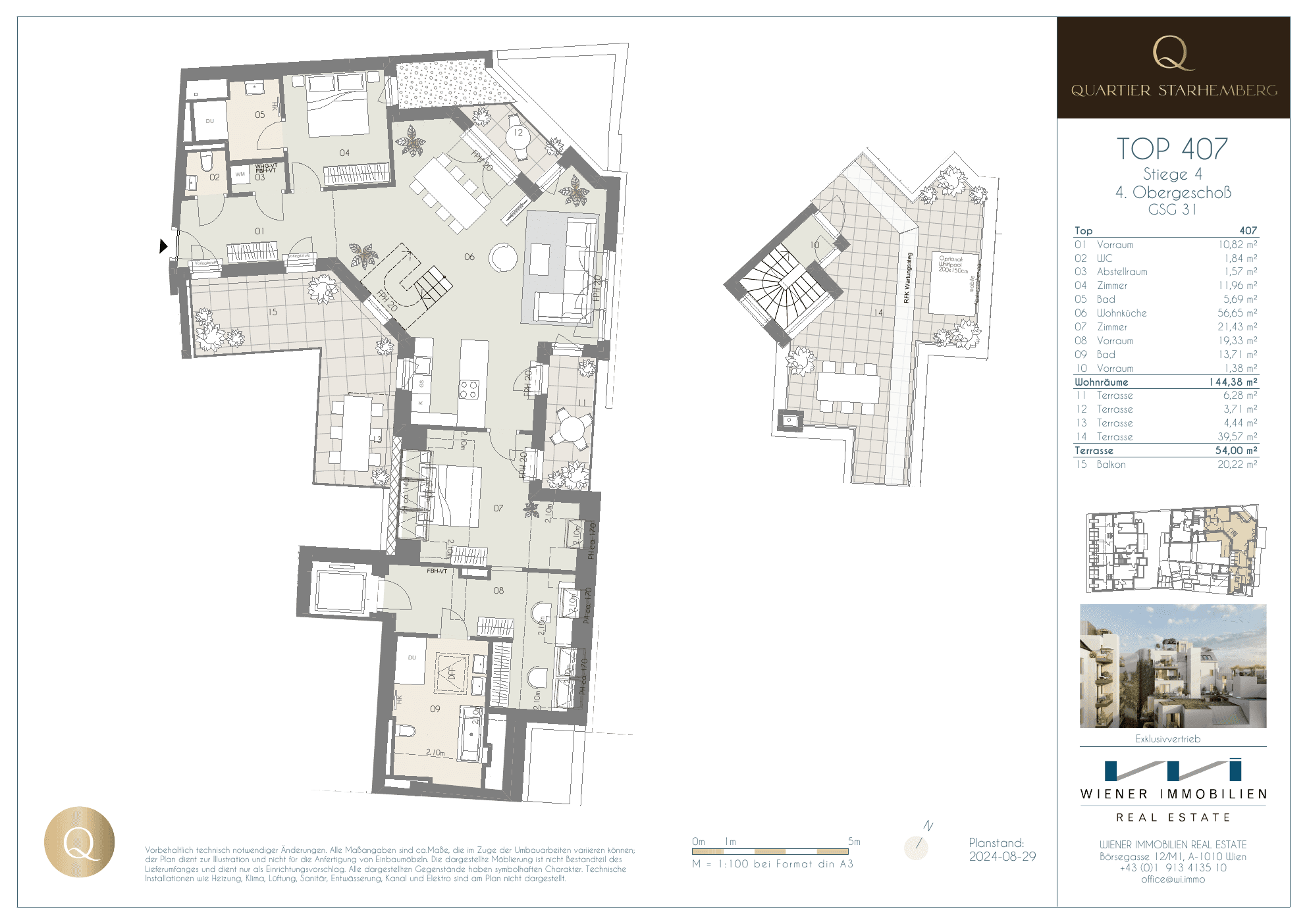 Grundriss Top 407 — Quartier Starhemberg — 3 Zimmer — 144,4 m² — 4th floor