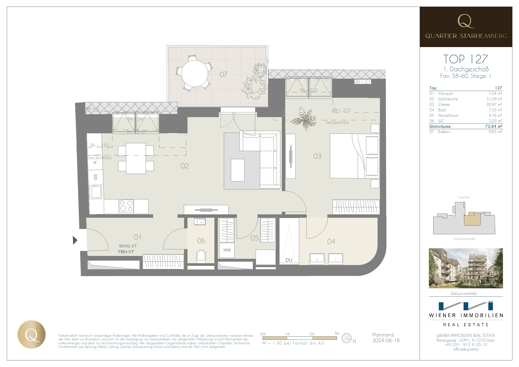 Grundriss Top 127 — Quartier Starhemberg — 2 Zimmer — 74,4 m² — 1st attic floor