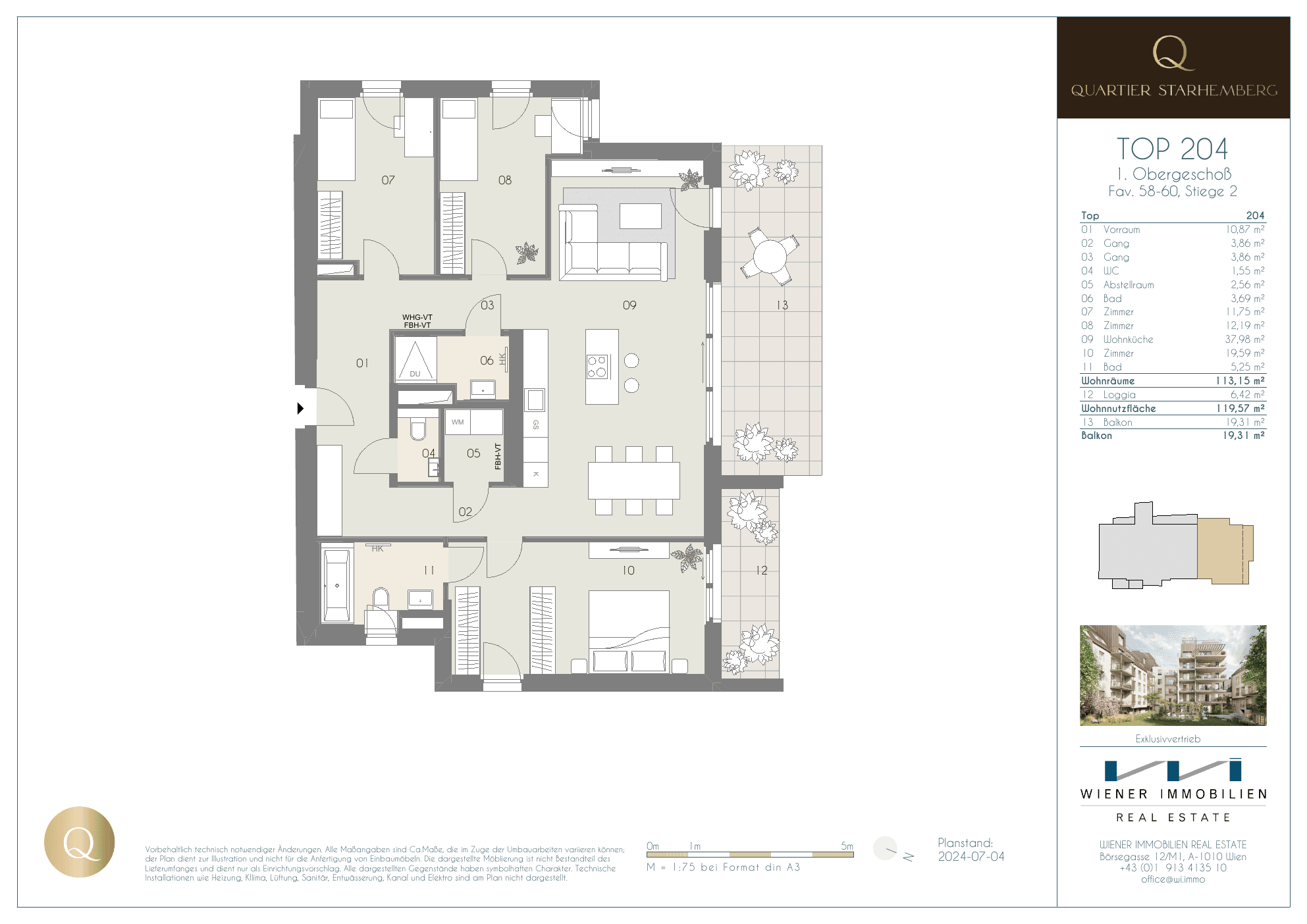 Grundriss Top 204 — Quartier Starhemberg — 4 Zimmer — 113,2 m² — 1st floor