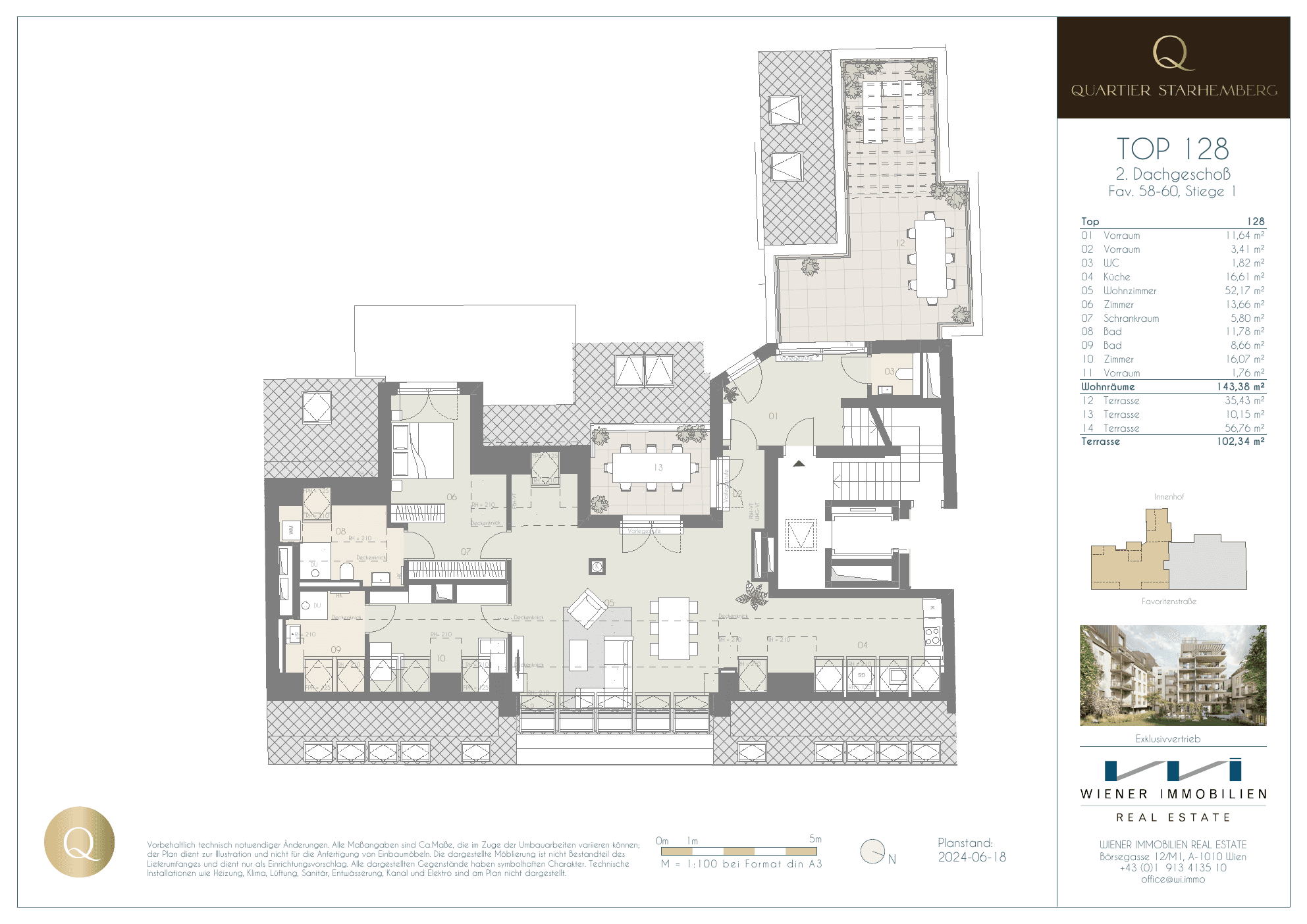 Grundriss Top 128 — Quartier Starhemberg — 3 Zimmer — 143,5 m² — 2nd attic floor