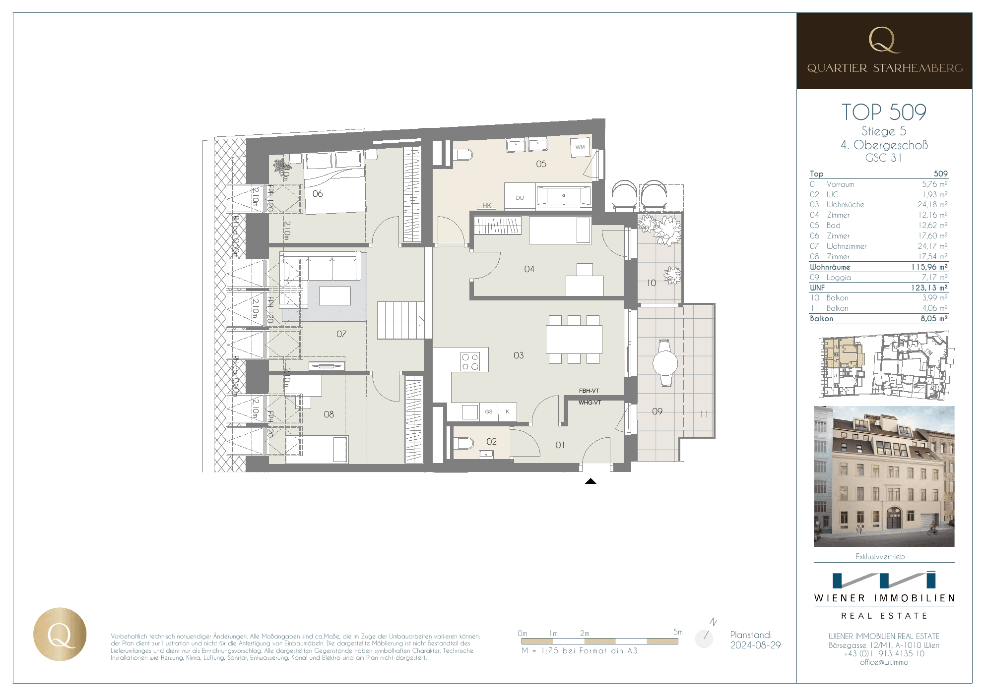 Grundriss Top 509 — Quartier Starhemberg — 5 Zimmer — 115,1 m² — 1st attic floor
