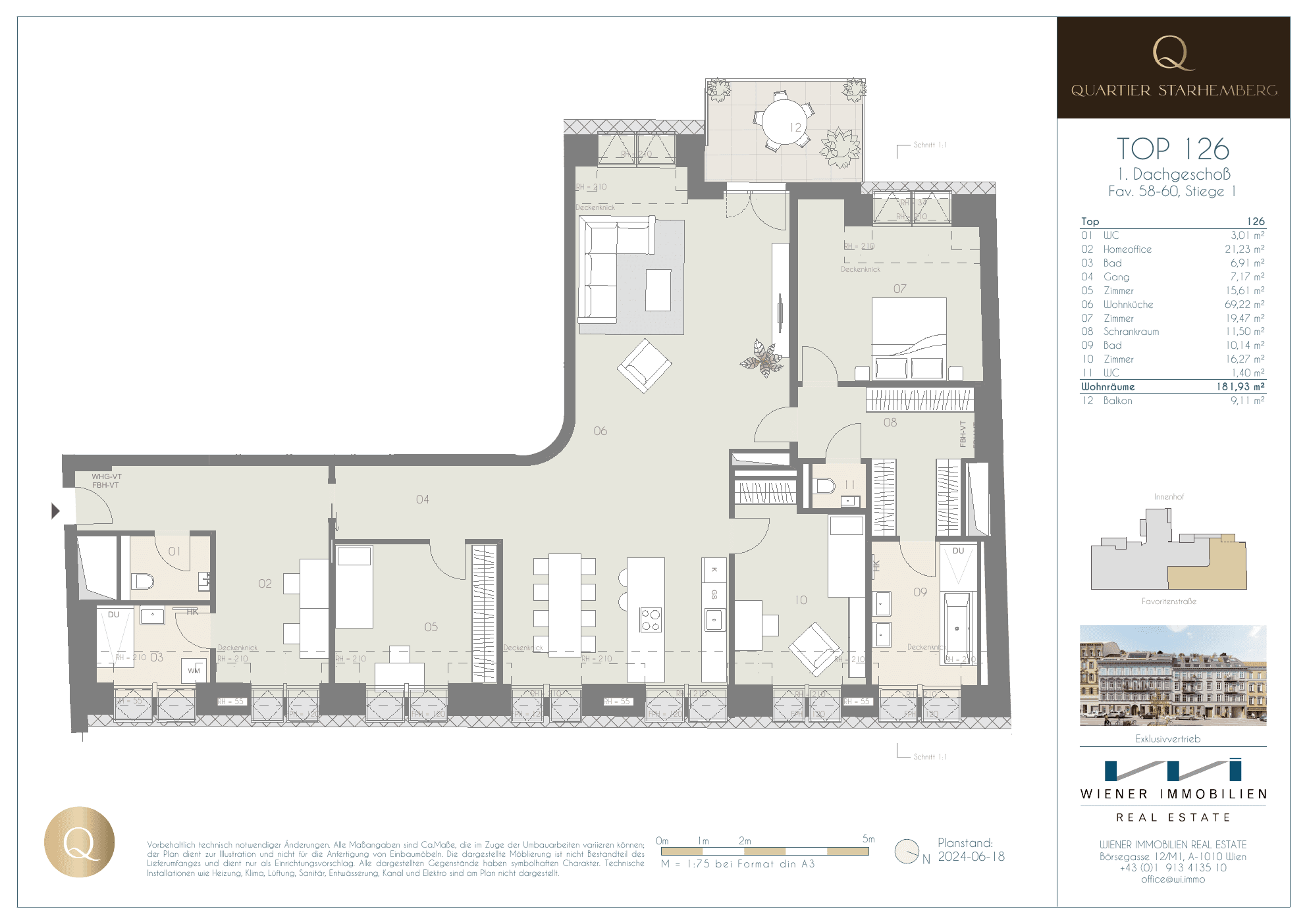 Grundriss Top 126 — Quartier Starhemberg — 4 Zimmer — 181,9 m² — 1st attic floor