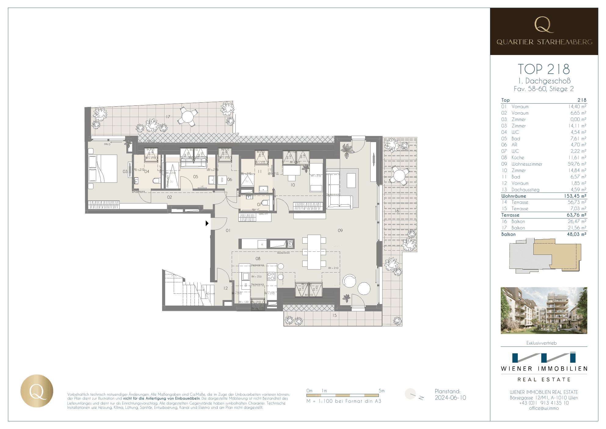 Grundriss Top 218 — Quartier Starhemberg — 3 Zimmer — 154,2 m² — 1st attic floor