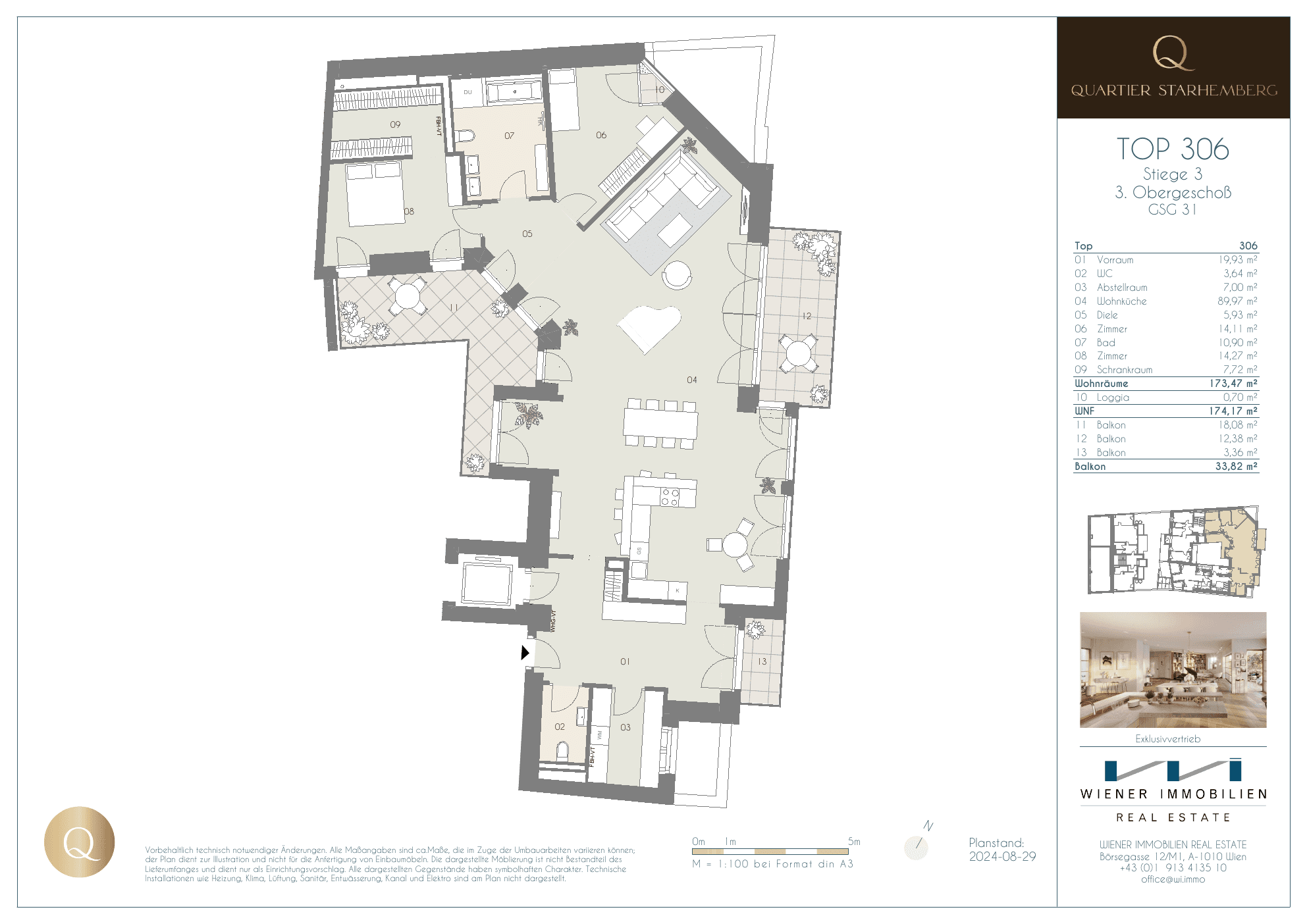 Grundriss Top 306 — Quartier Starhemberg — 3 Zimmer — 173,7 m² — 3rd floor