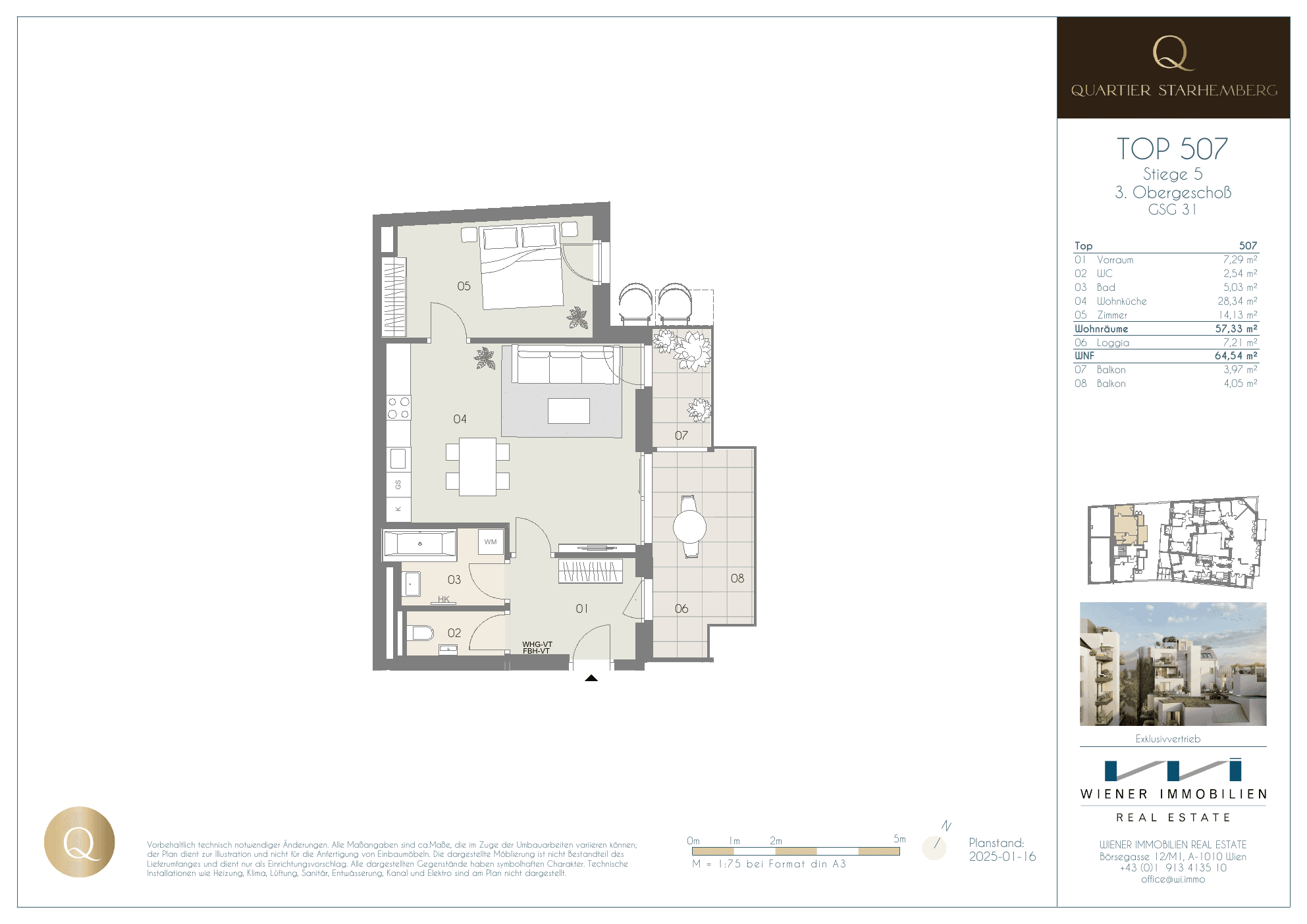Grundriss Top 507 — Quartier Starhemberg — 2 Zimmer — 57,3 m² — 3rd floor