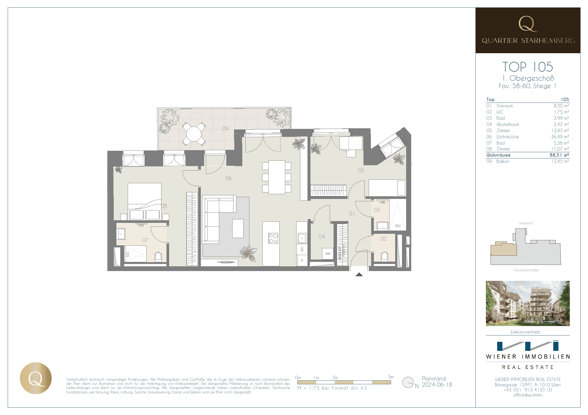 Grundriss Top 105 — Quartier Starhemberg — 3 Zimmer — 88,5 m² — 1st floor