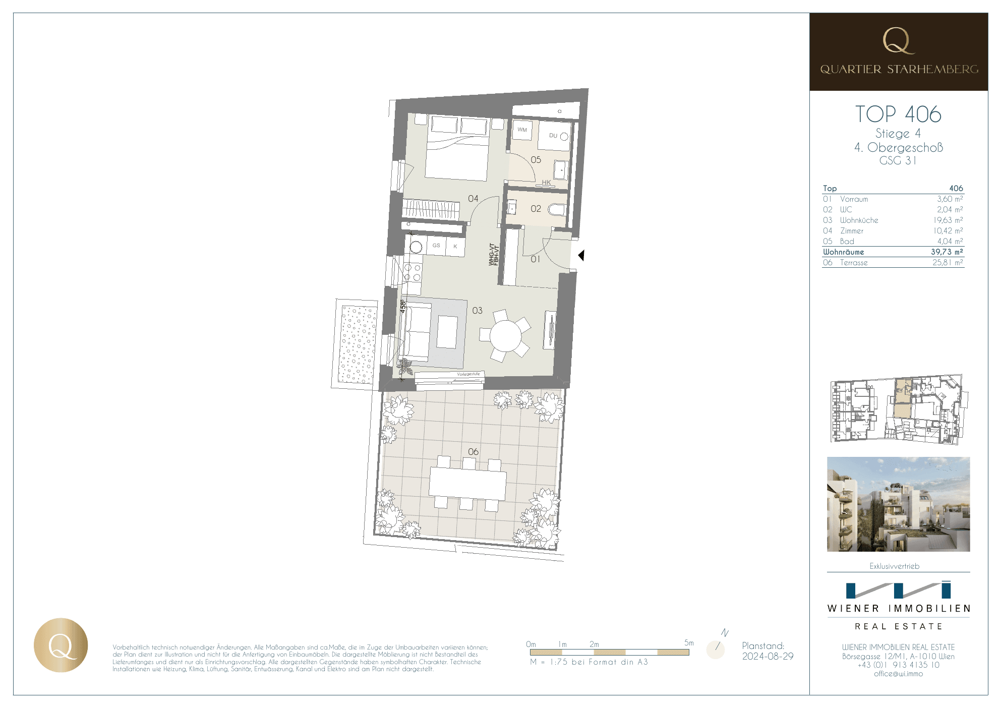 Grundriss Top 406 — Quartier Starhemberg — 2 Zimmer — 39,7 m² — 4th floor