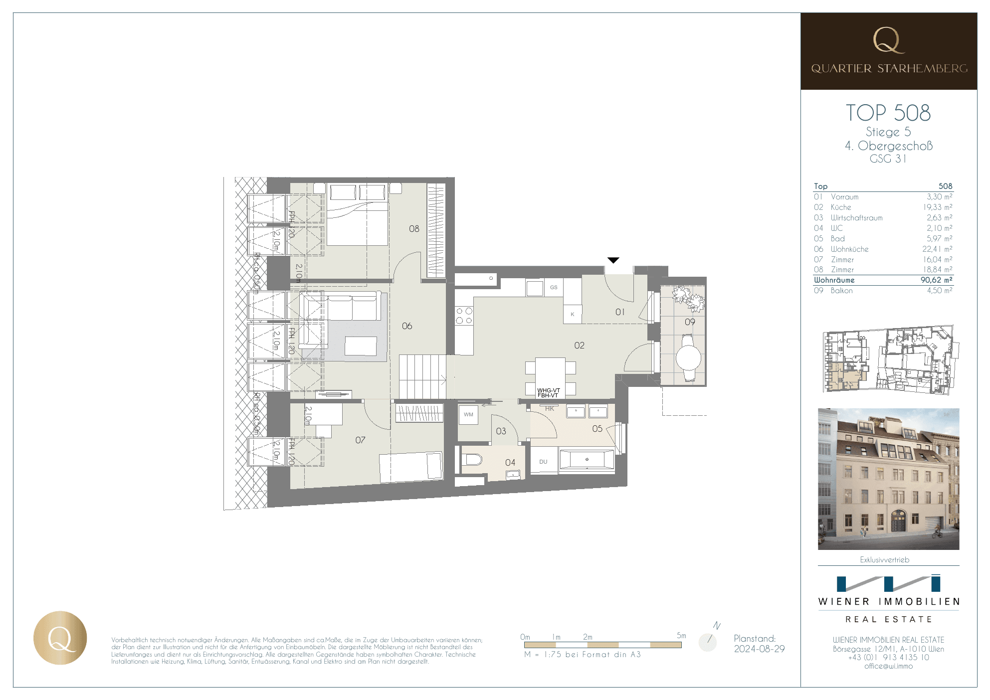 Grundriss Top 508 — Quartier Starhemberg — 3 Zimmer — 90,6 m² — 1st attic floor