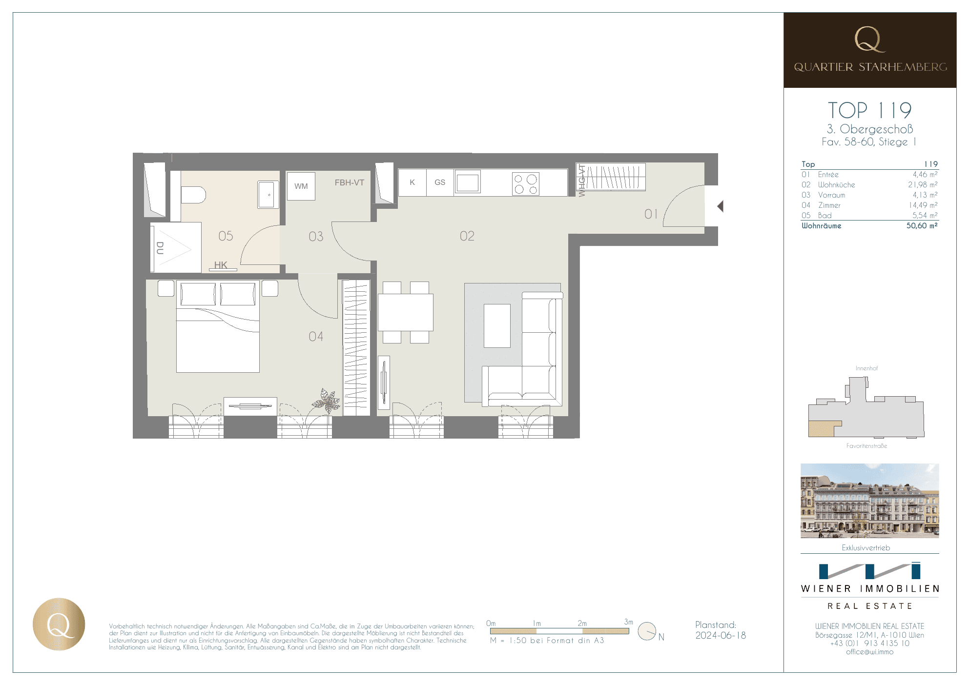 Grundriss Top 119 — Quartier Starhemberg — 2 Zimmer — 50,4 m² — 3rd floor