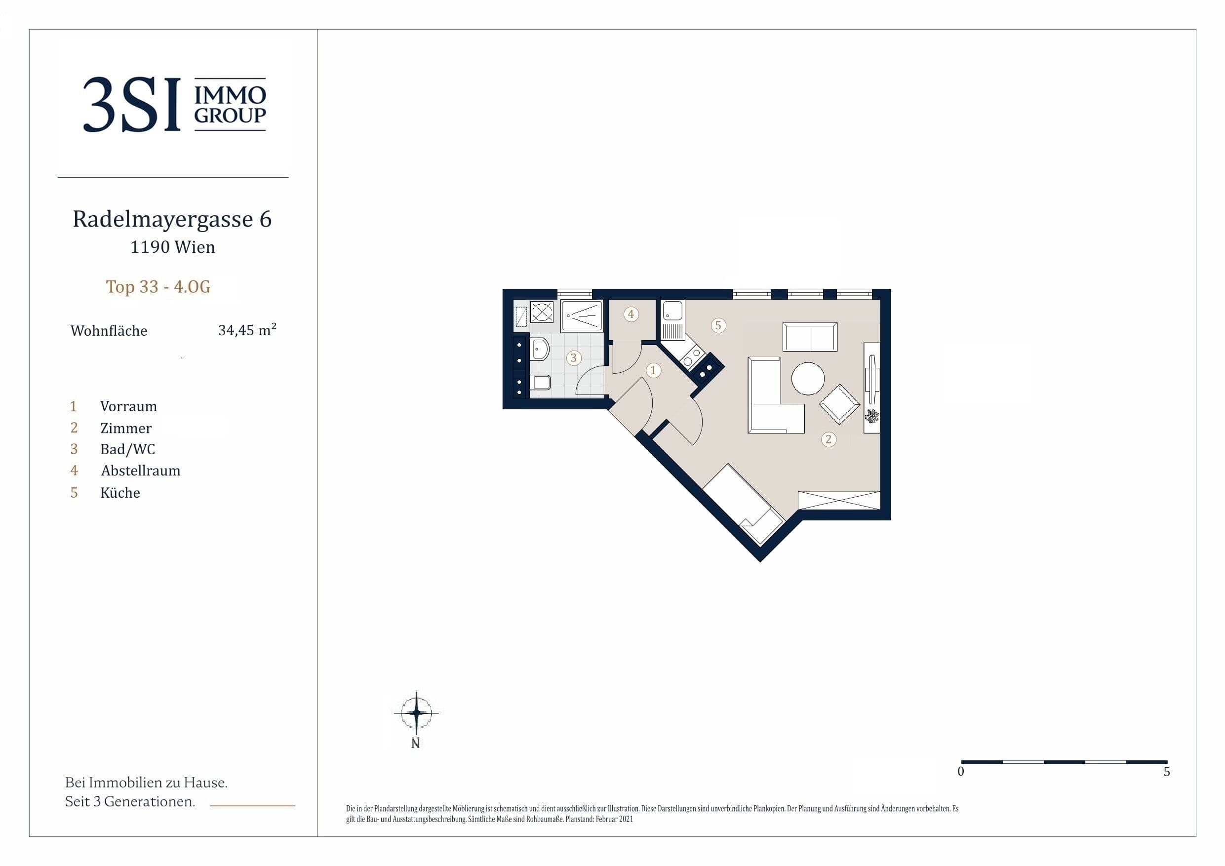 Grundriss Top 33 — Radelmayergasse 6 — 1 Zimmer — 34,5 m² — 4th floor — Süd