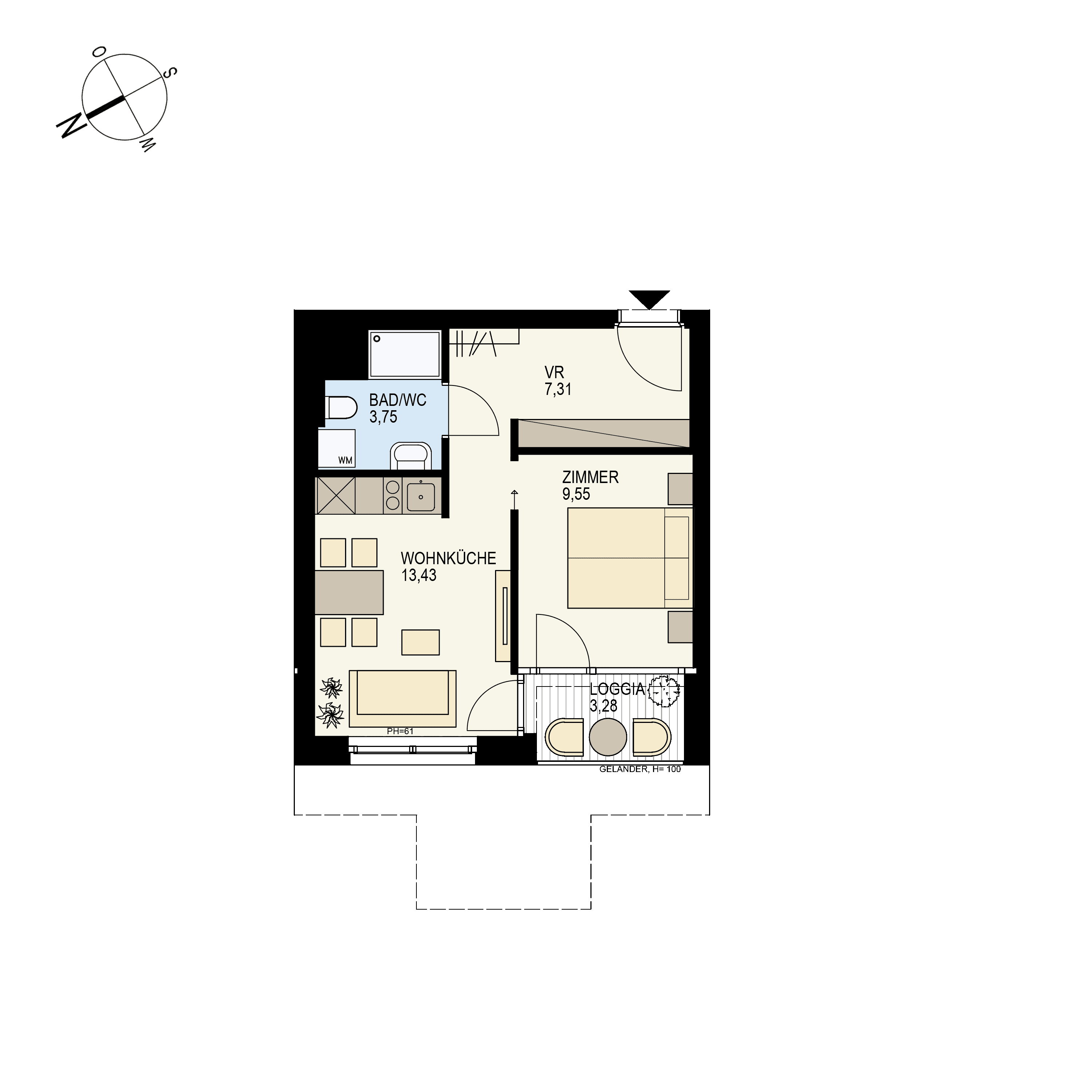 Grundriss Top 1/16 — Der Goldene Phönix — 2 Zimmer — 37,3 m² — 2nd floor — W