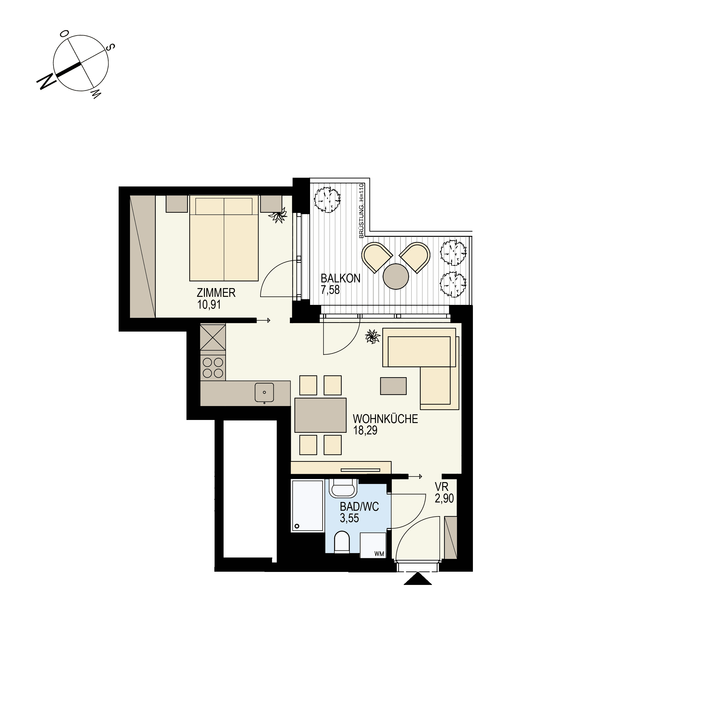 Grundriss Top 2/42 — Der Goldene Phönix — 2 Zimmer — 35,7 m² — 6th floor — O/W