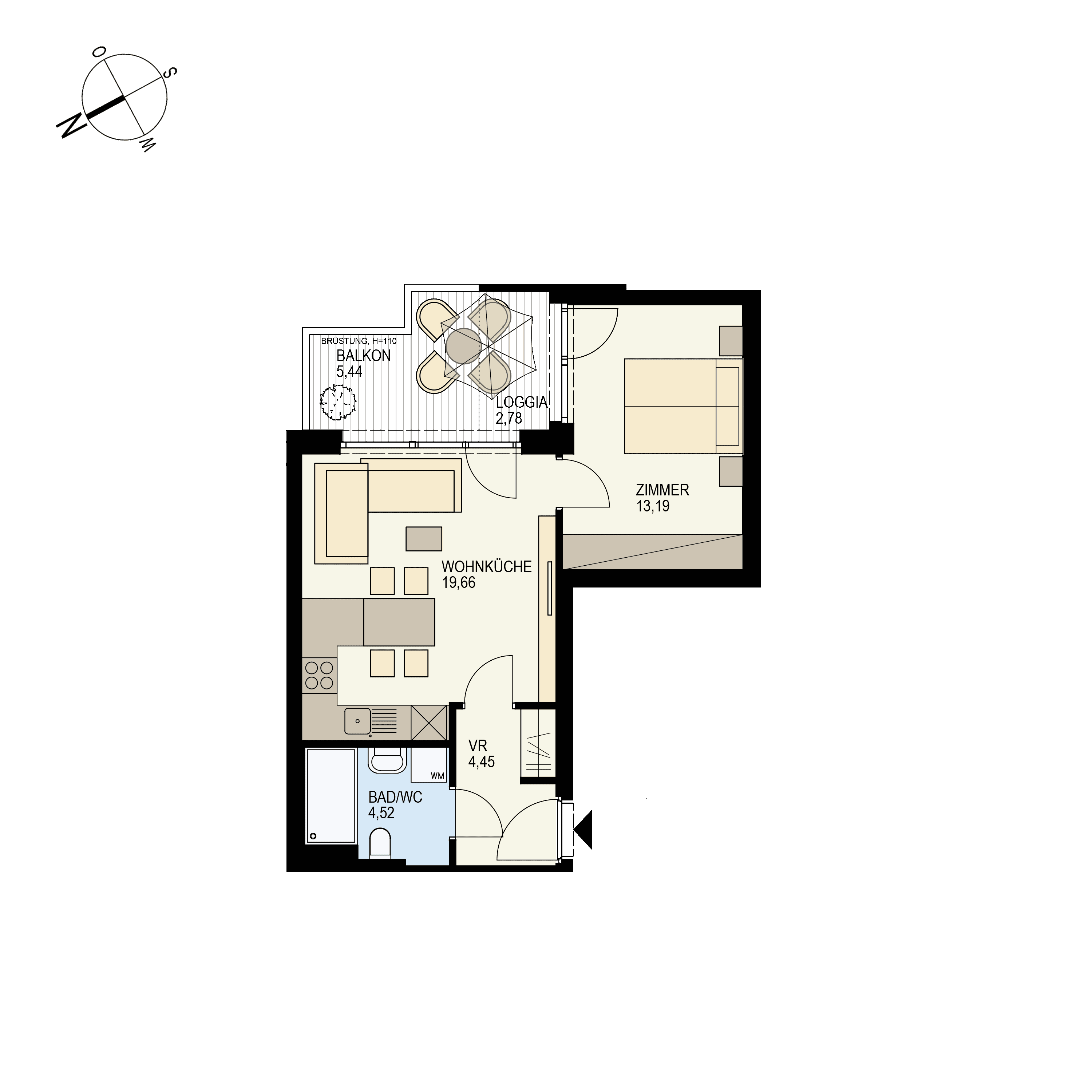 Grundriss Top 1/27 — Der Goldene Phönix — 2 Zimmer — 44,6 m² — 4th floor — O