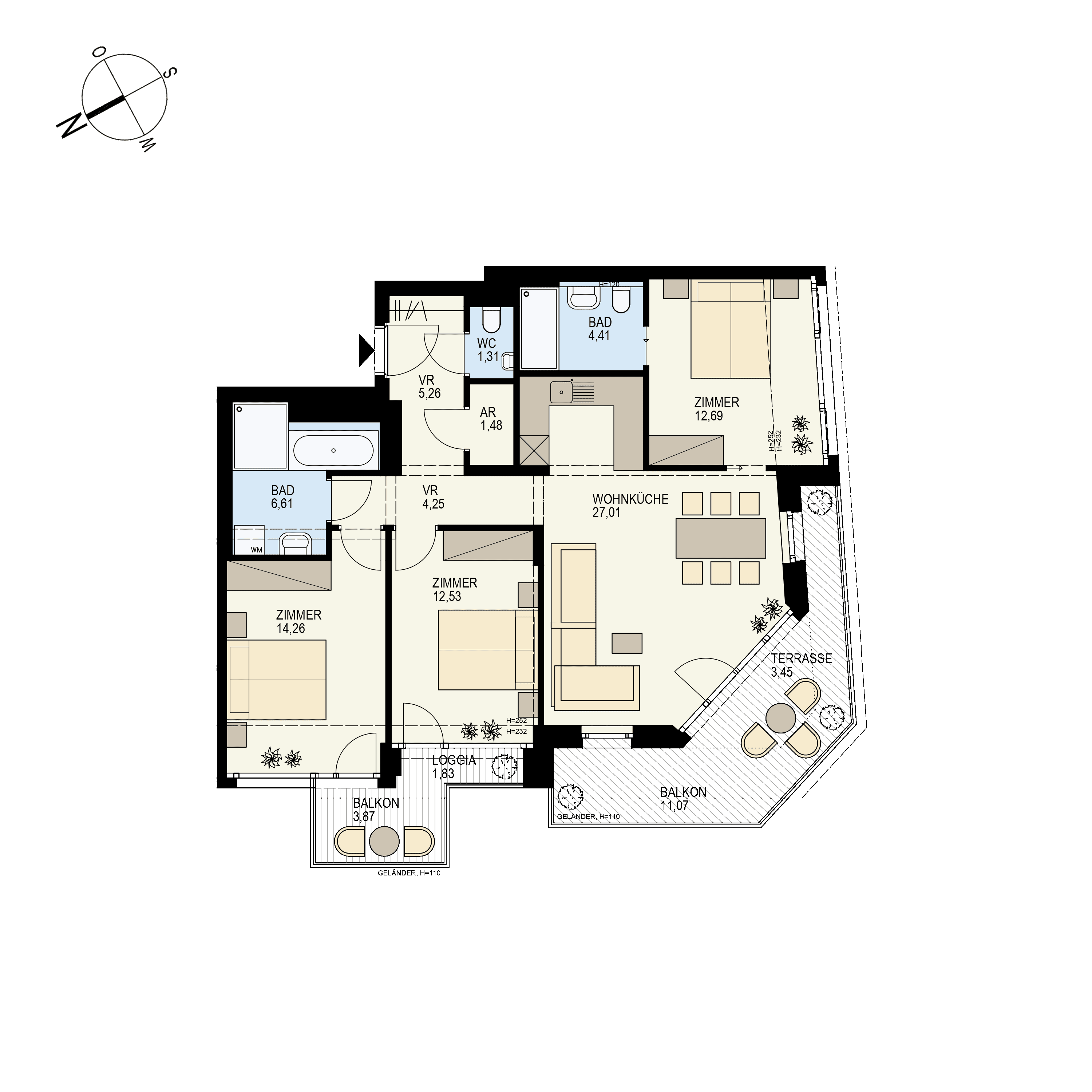 Grundriss Top 1/34 — Der Goldene Phönix — 4 Zimmer — 91,5 m² — 6th floor