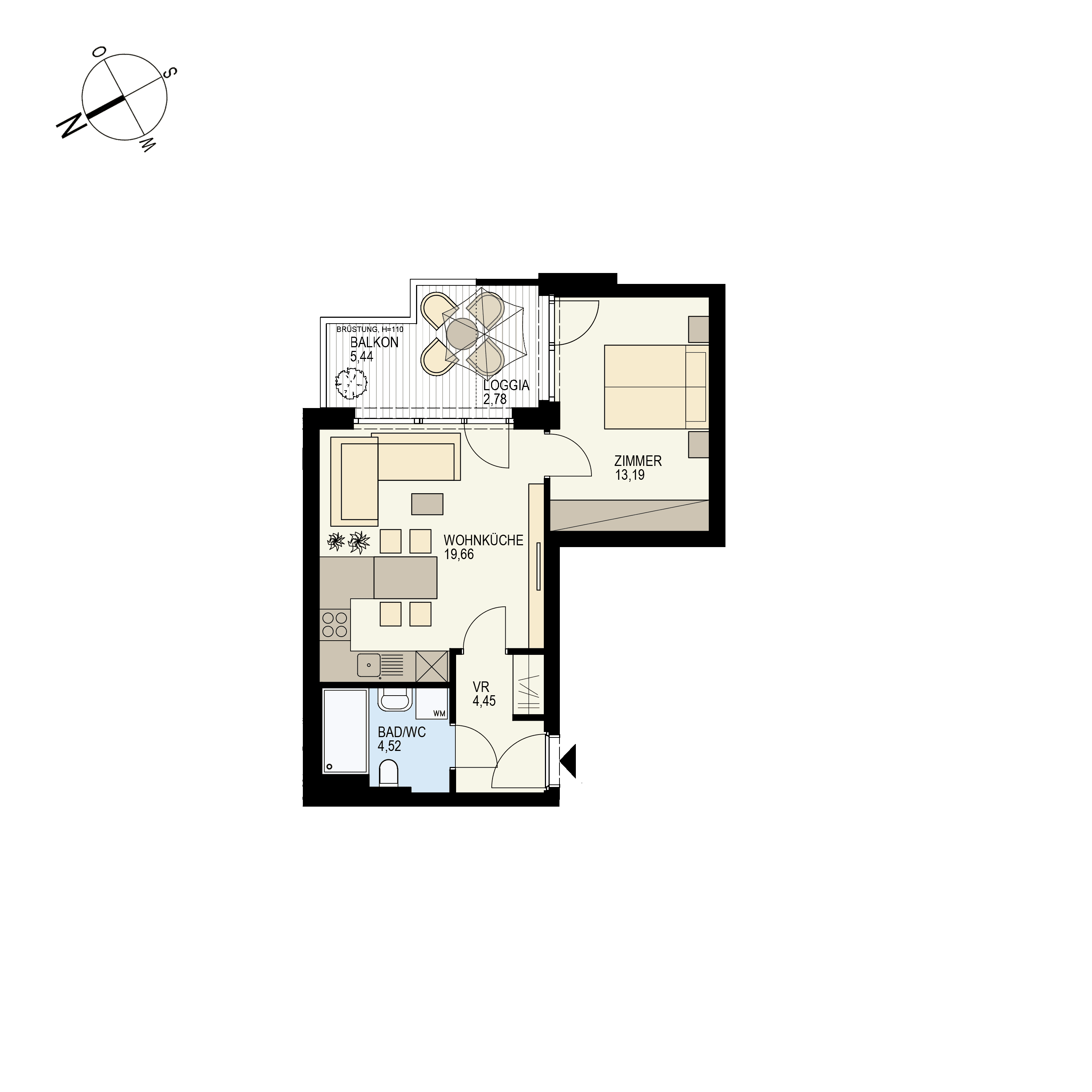 Grundriss Top 1/17 — Der Goldene Phönix — 2 Zimmer — 44,6 m² — 2nd floor — O