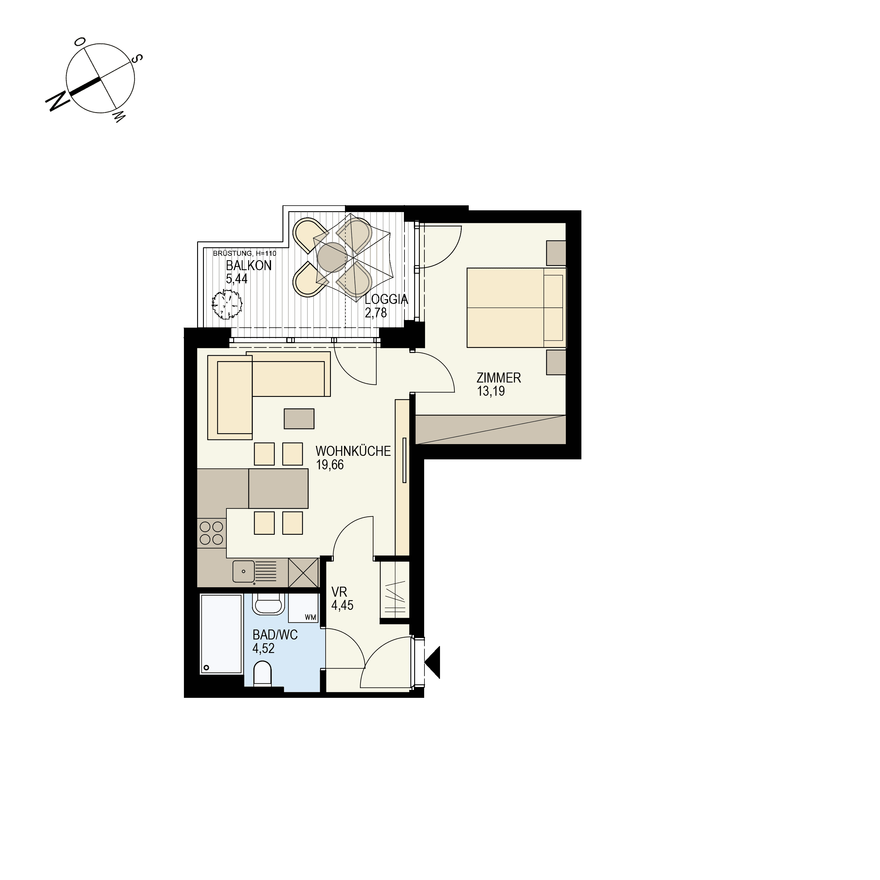 Grundriss Top 1/22 — Der Goldene Phönix — 2 Zimmer — 44,6 m² — 3rd floor — O