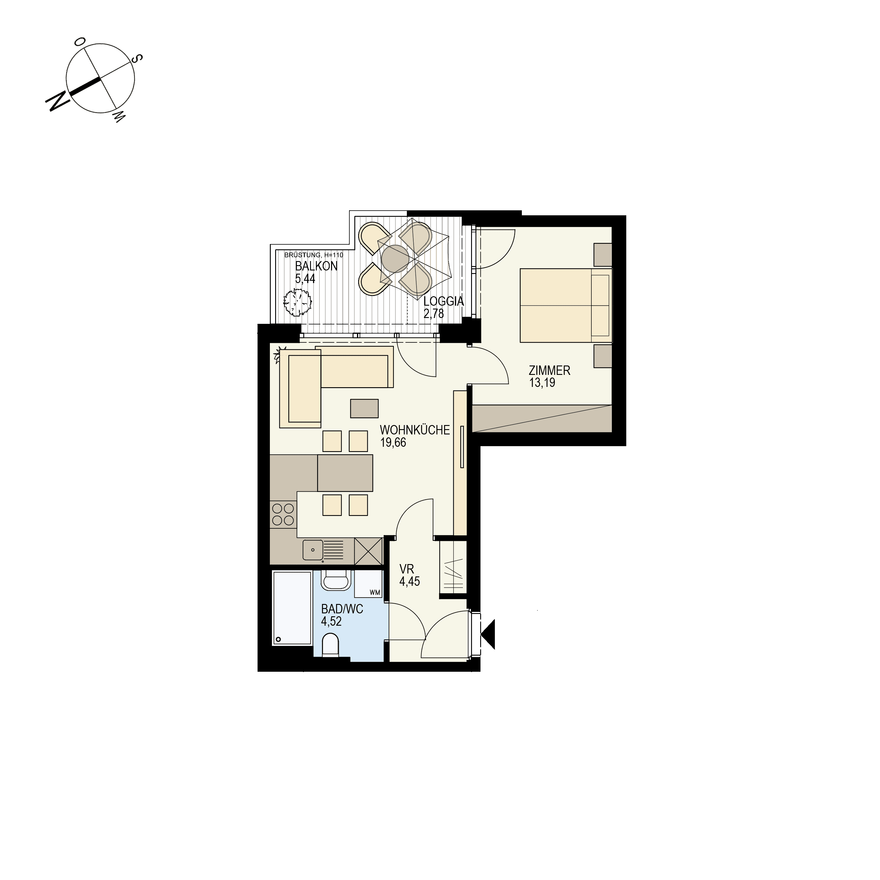 Grundriss Top 1/32 — Der Goldene Phönix — 2 Zimmer — 44,6 m² — 5th floor — O/W