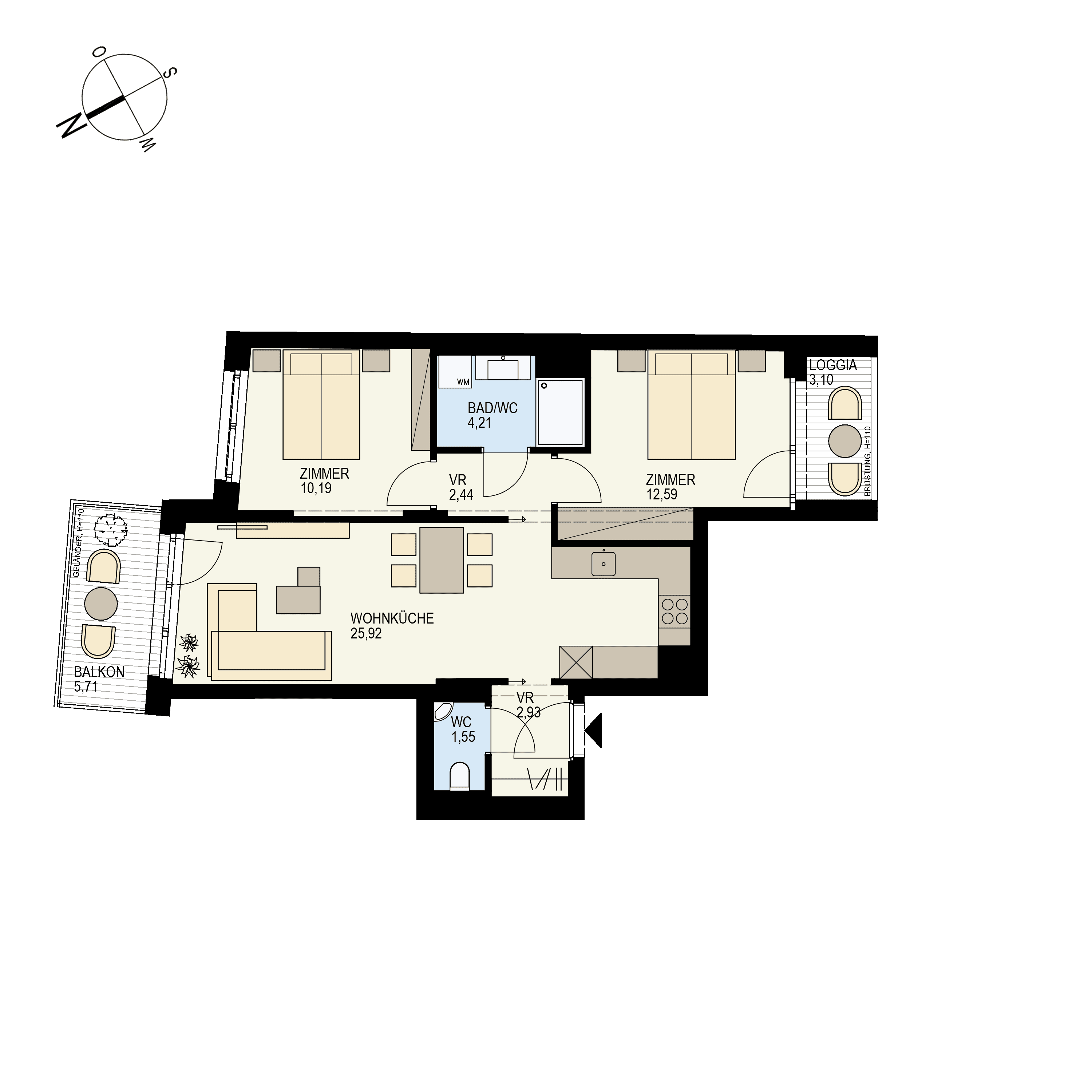 Grundriss Top 2/33 — Der Goldene Phönix — 3 Zimmer — 62,9 m² — 5th floor — NW