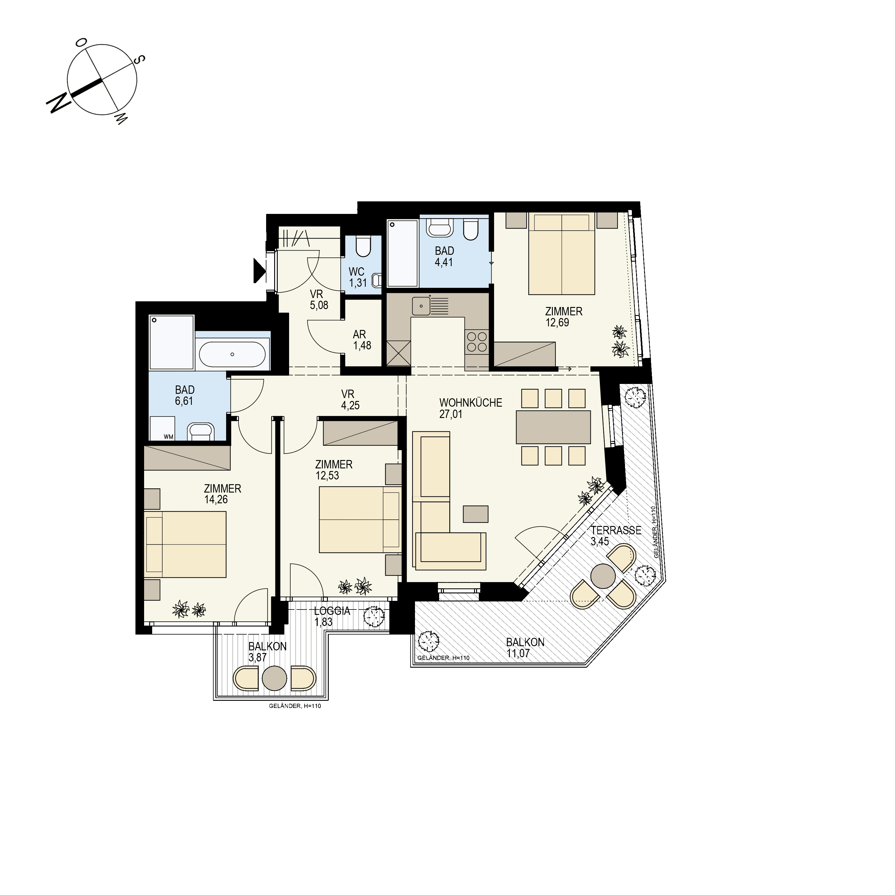 Grundriss Top 1/30 — Der Goldene Phönix — 4 Zimmer — 91,5 m² — 5th floor — S
