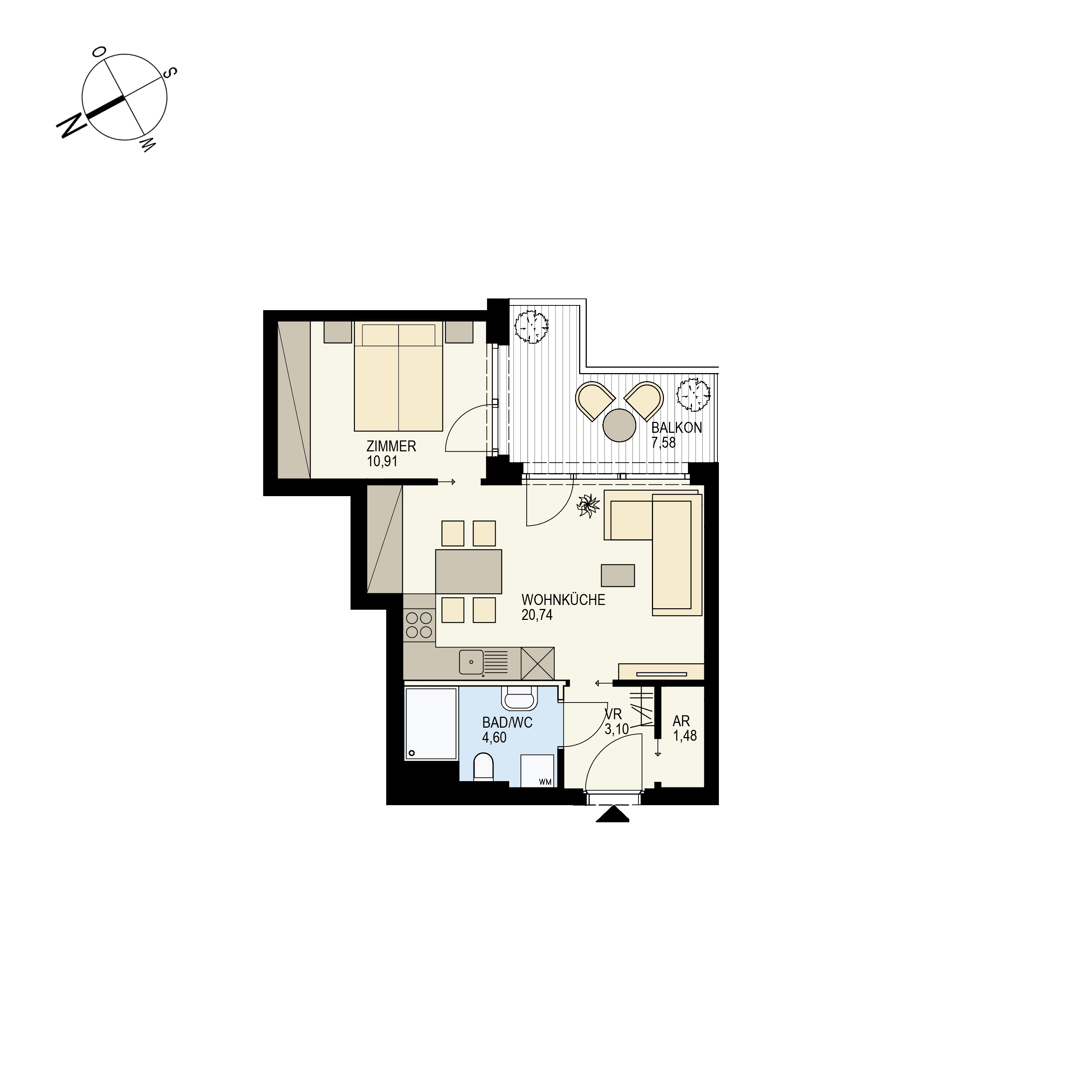 Grundriss Top 2/20 — Der Goldene Phönix — 2 Zimmer — 40,8 m² — 2nd floor — O/W