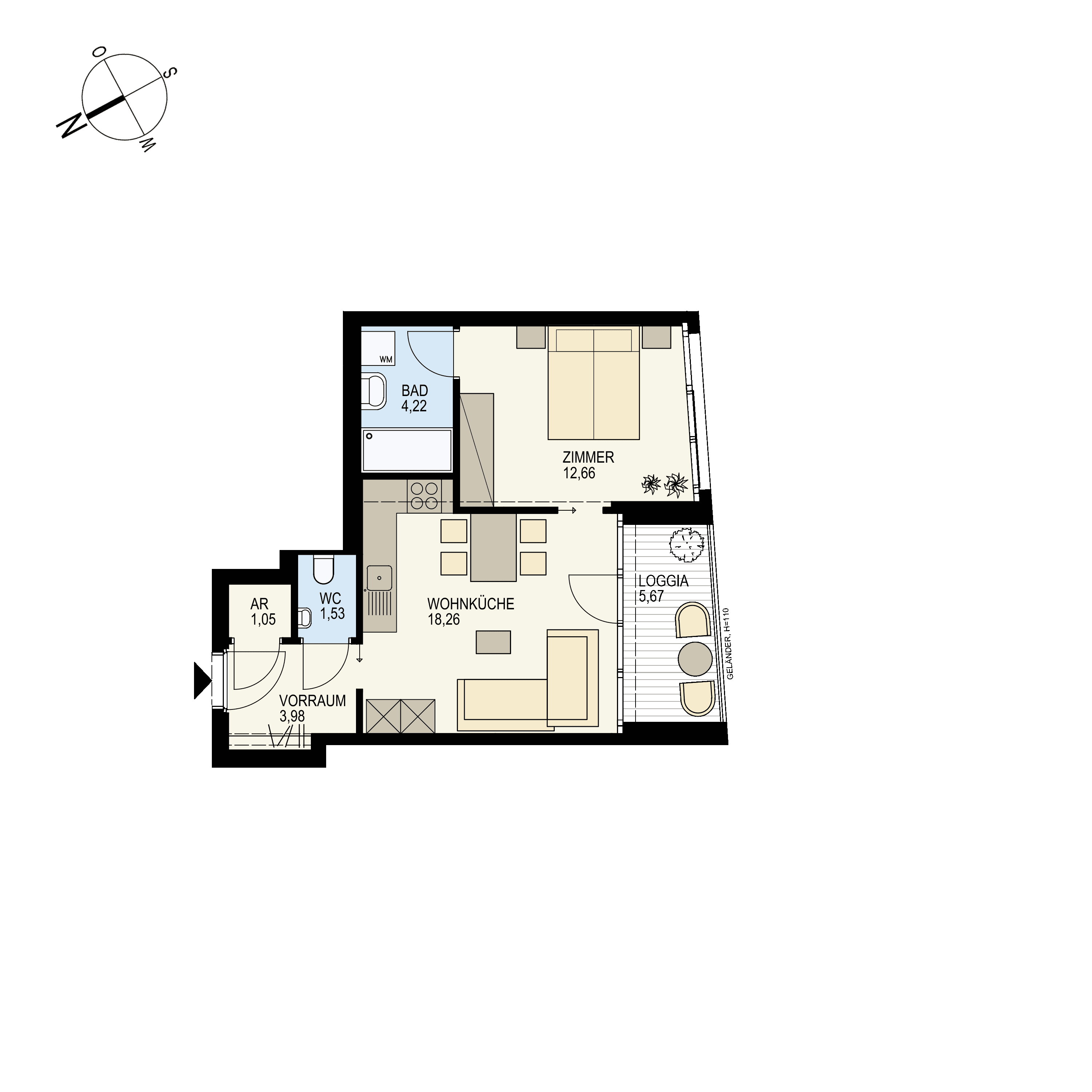 Grundriss Top 1/29 — Der Goldene Phönix — 2 Zimmer — 47,4 m² — 5th floor — O/W