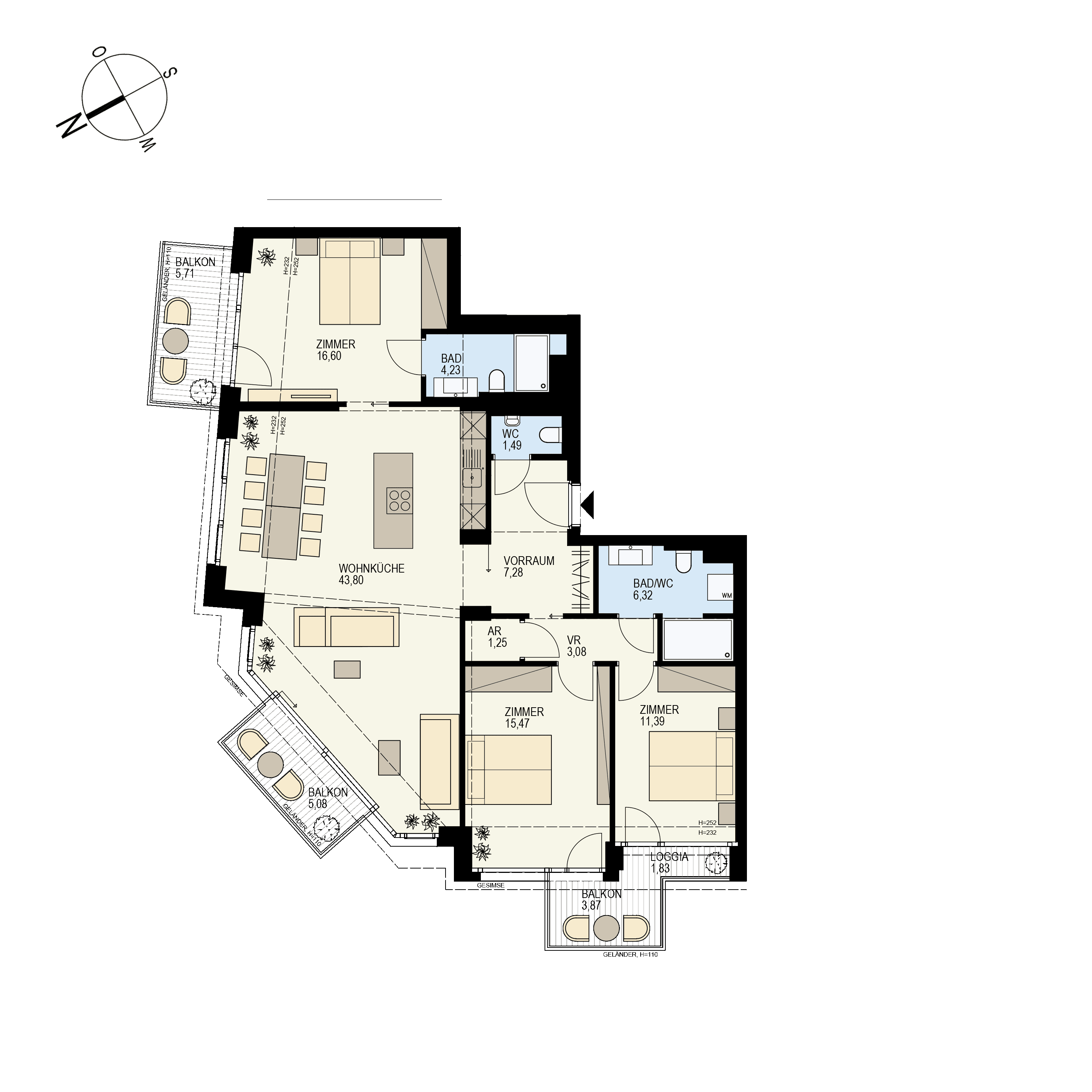 Grundriss Top 2/39 — Der Goldene Phönix — 4 Zimmer — 112,7 m² — 6th floor — O
