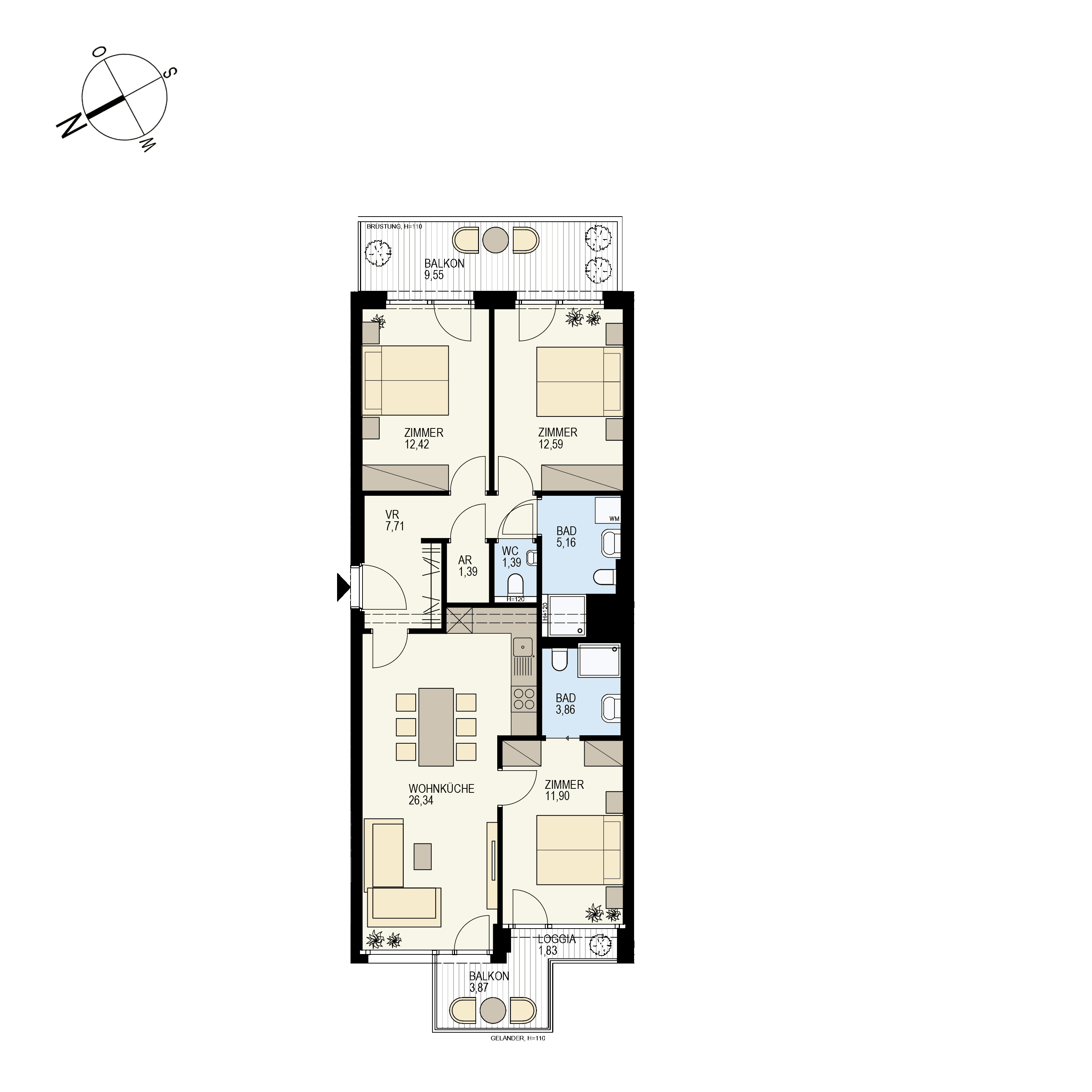 Grundriss Top 2/36 — Der Goldene Phönix — 4 Zimmer — 85,6 m² — 5th floor — N