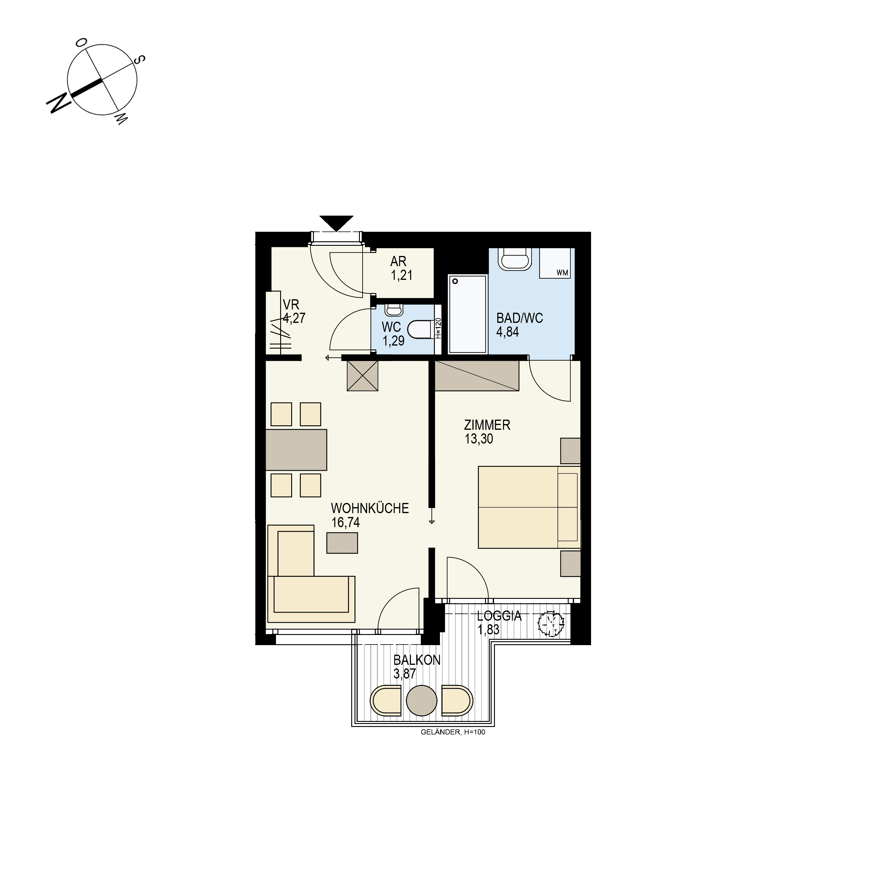 Grundriss Top 2/29 — Der Goldene Phönix — 2 Zimmer — 43,5 m² — 4th floor — W