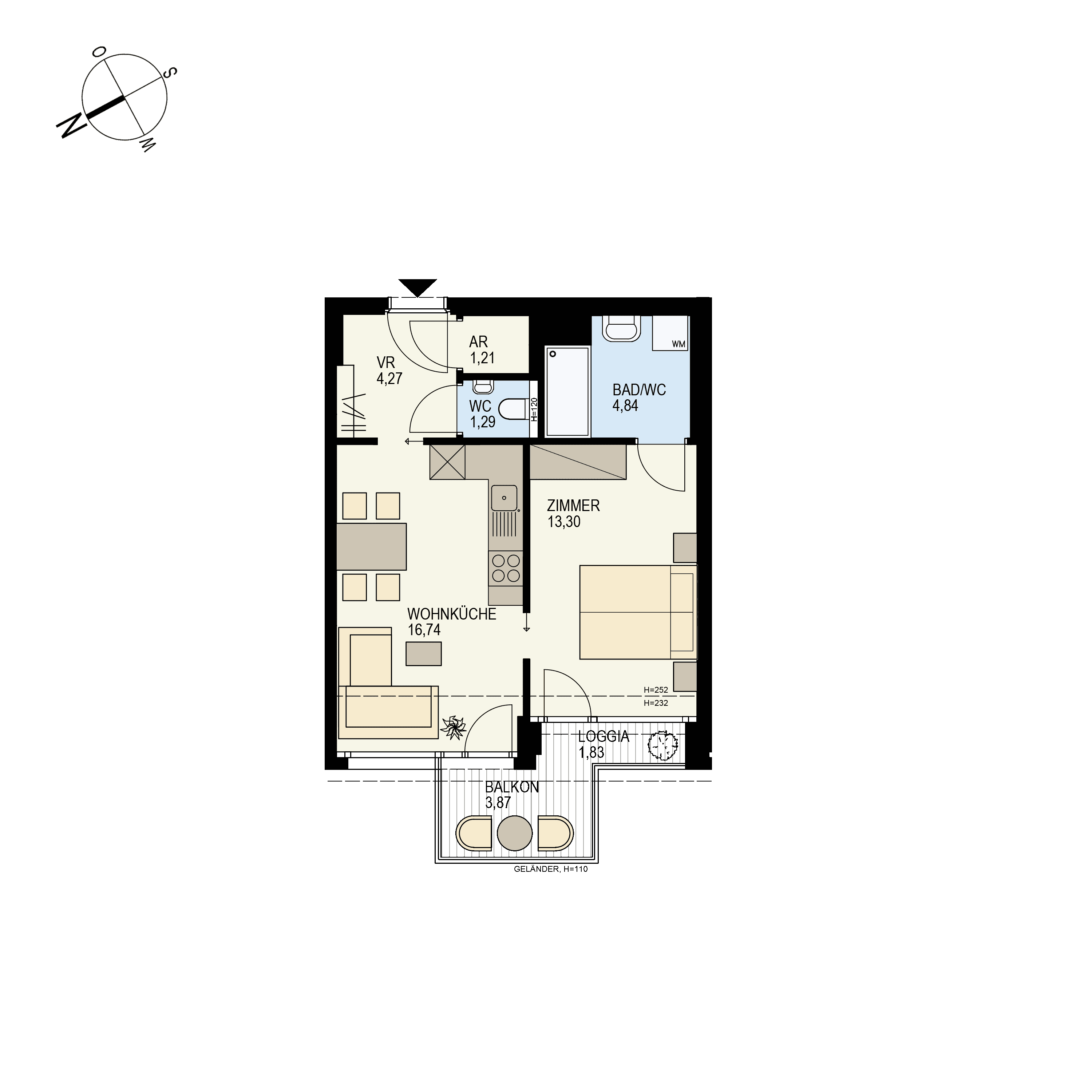 Grundriss Top 2/40 — Der Goldene Phönix — 2 Zimmer — 43,5 m² — 6th floor — N/S