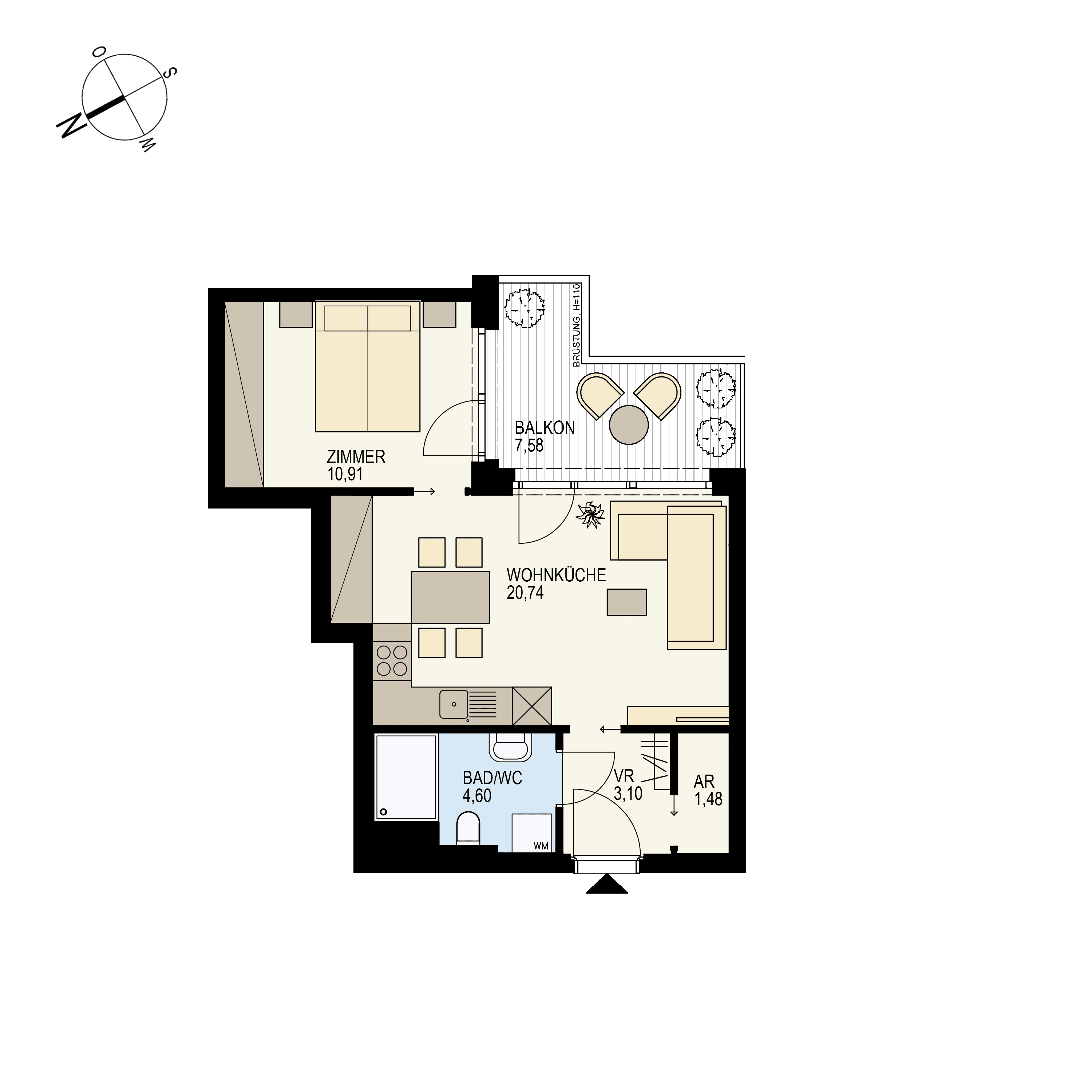Grundriss Top 2/32 — Der Goldene Phönix — 2 Zimmer — 40,8 m² — 4th floor — N