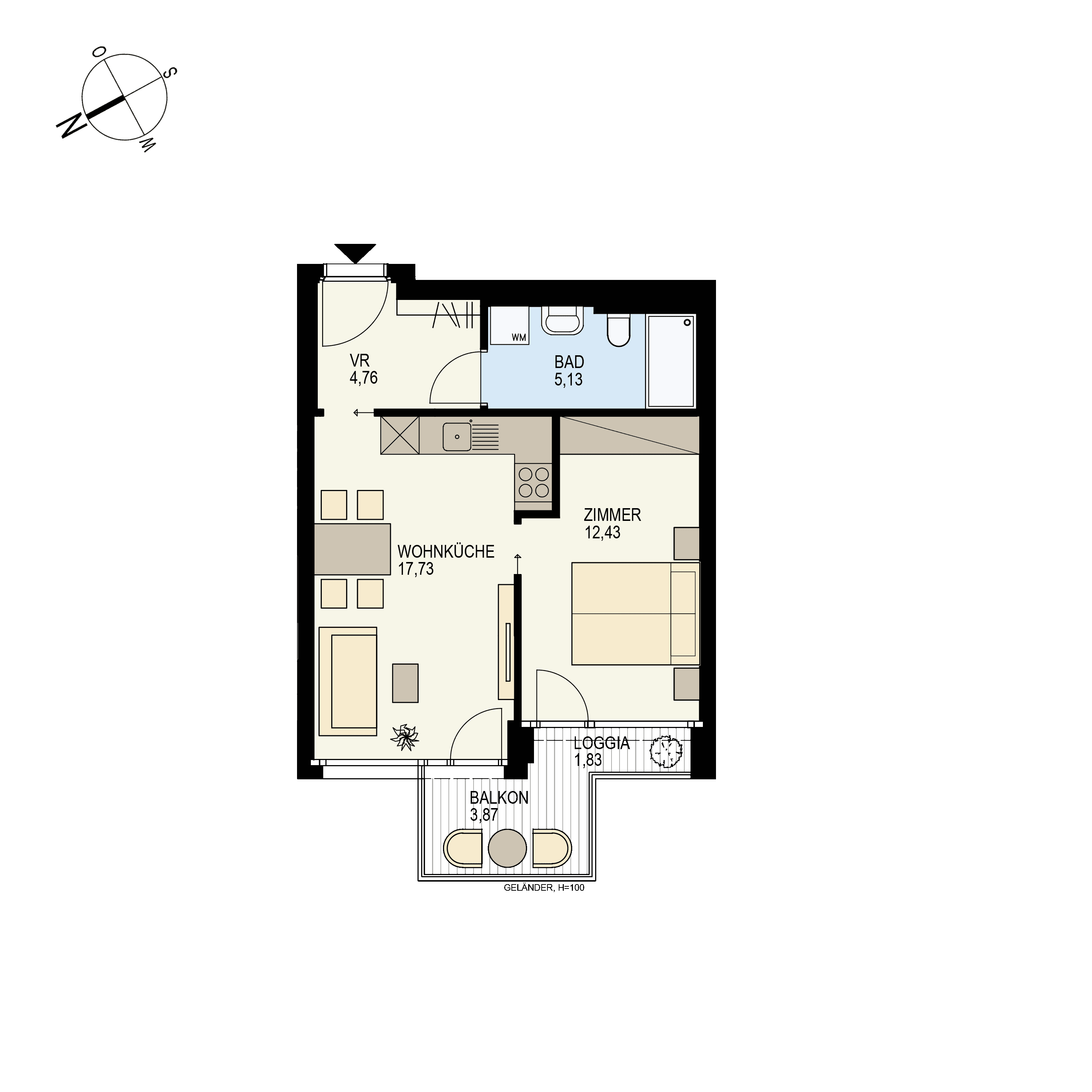 Grundriss Top 2/30 — Der Goldene Phönix — 2 Zimmer — 41,9 m² — 4th floor — O/W