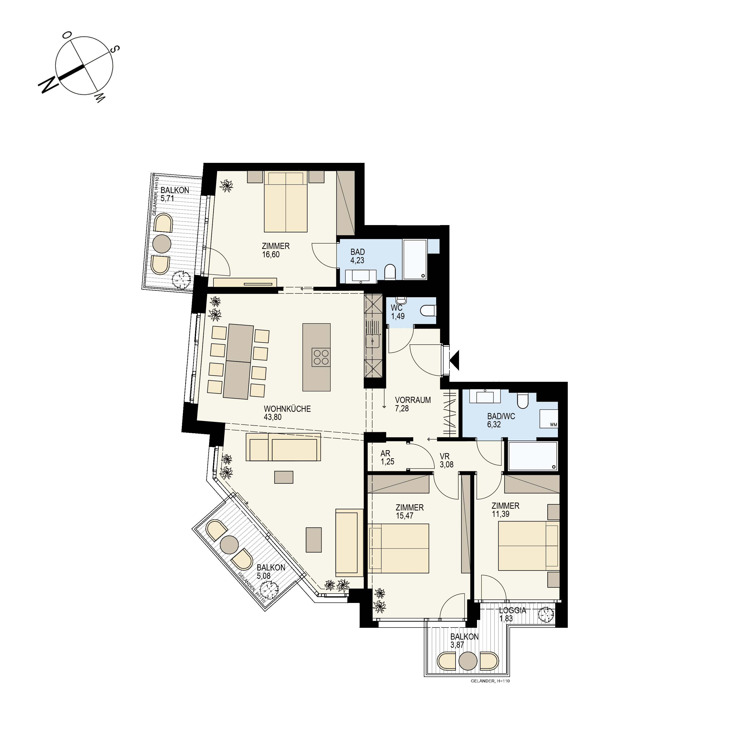 Grundriss Top 2/34 — Der Goldene Phönix — 4 Zimmer — 112,7 m² — 5th floor — W