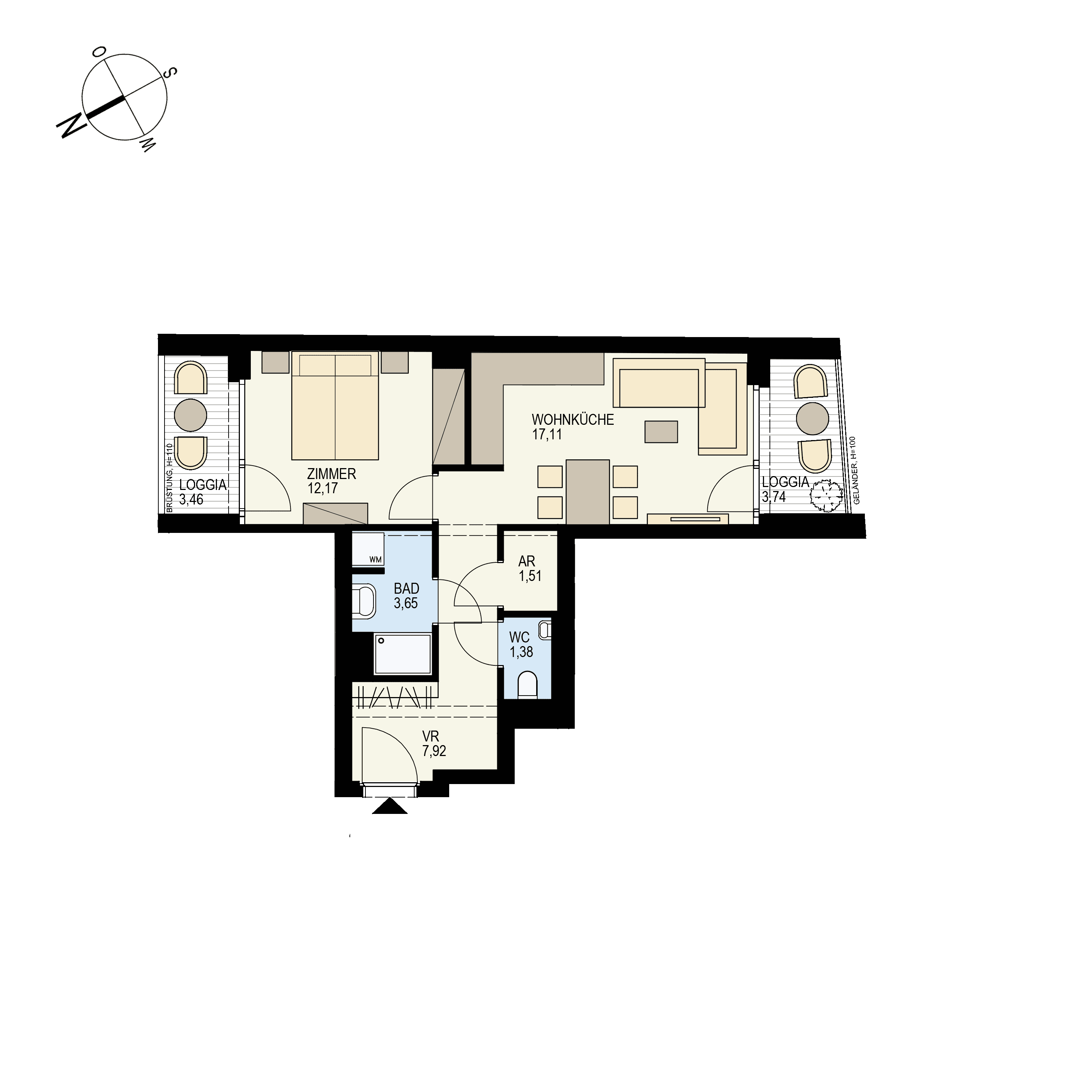 Grundriss Top 1/18 — Der Goldene Phönix — 2 Zimmer — 50,9 m² — 3rd floor — S