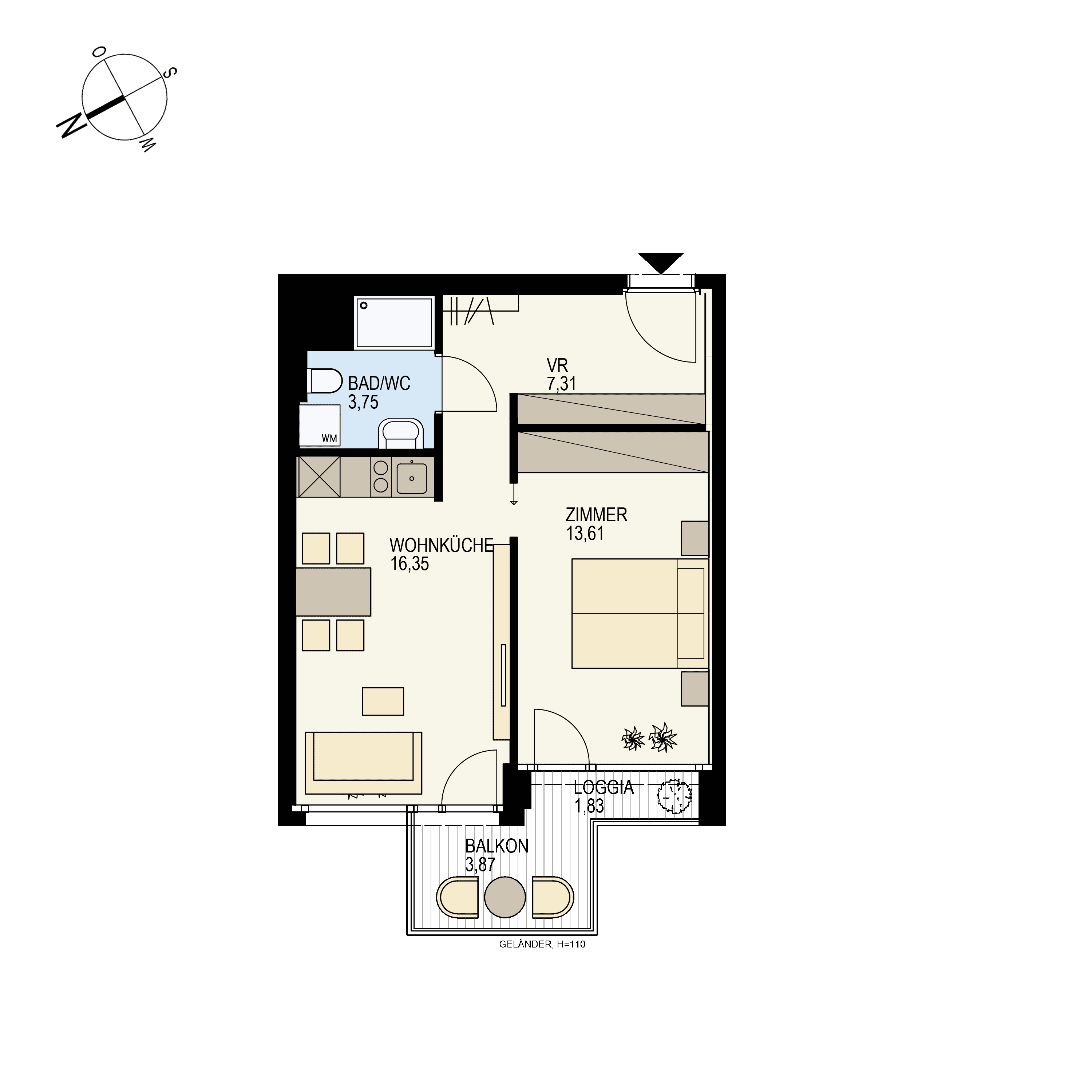 Grundriss Top 1/31 — Der Goldene Phönix — 2 Zimmer — 42,9 m² — 5th floor — SW