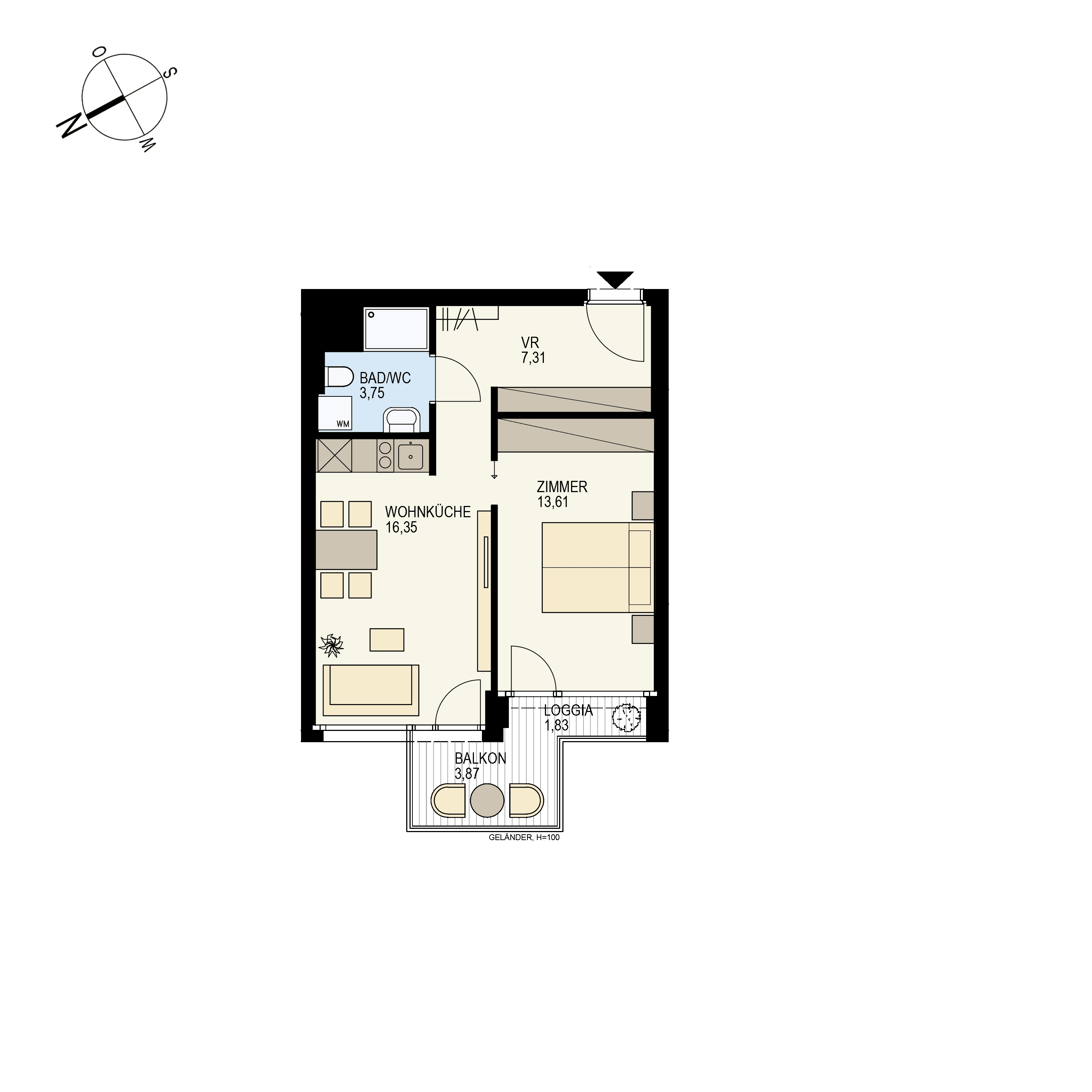 Grundriss Top 1/21 — Der Goldene Phönix — 2 Zimmer — 42,9 m² — 3rd floor — W